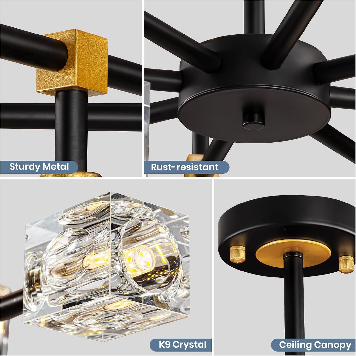 Sputnik Chandeliers with16-Light,Modern Black and Gold Crystal Chandelier, Mid Century Ceiling Light Fixture for Dining Room, Kitchen Island,Foyer,Living Room,Bedroom