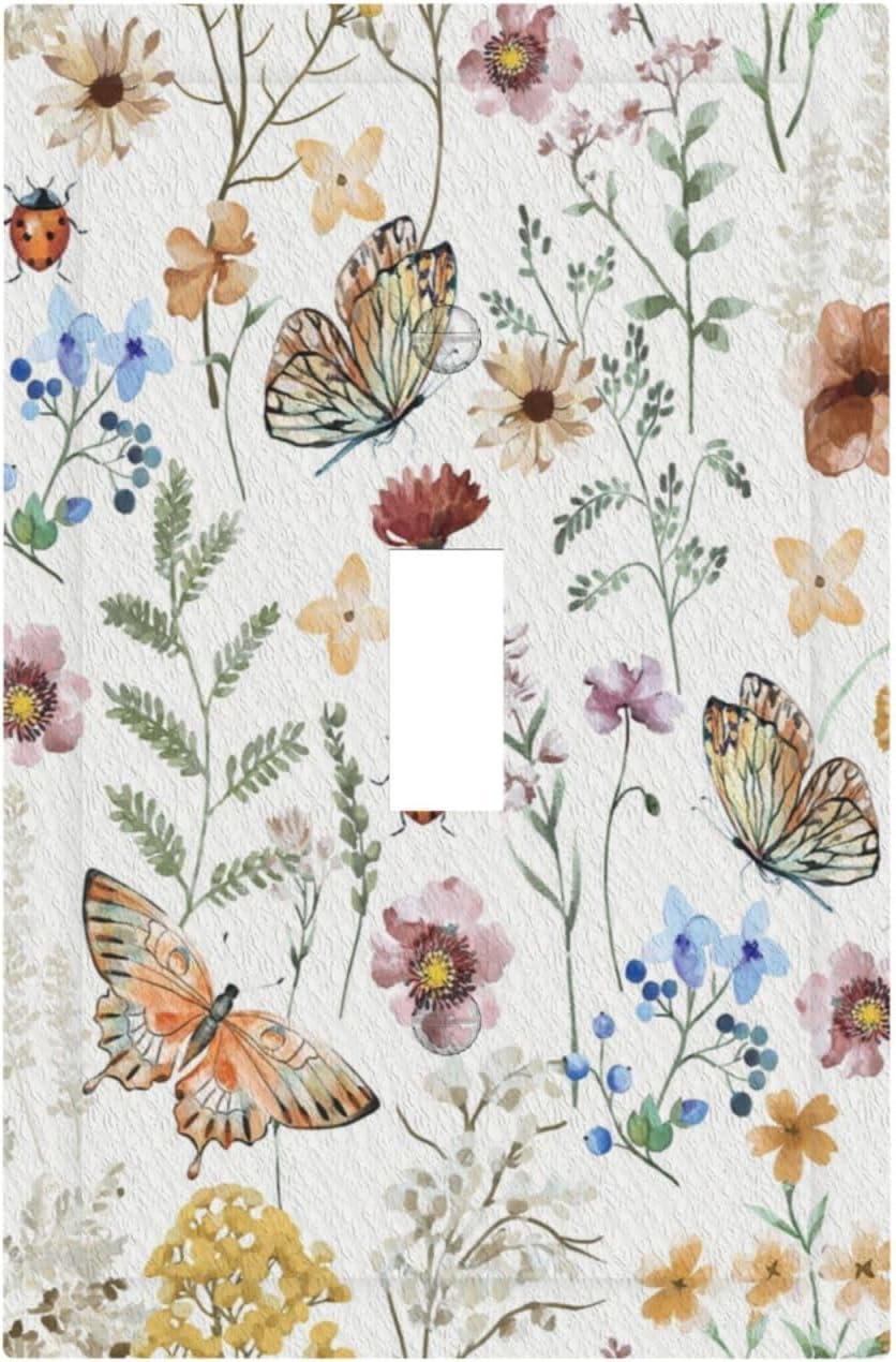 Decorative Light Switch Cover Boho White Background Butterfly Rustic Flower Single Toggle Personalized Wall Plate Switchplate 1 Gang Switchcover Decora Light Switch Plate for Home Decor