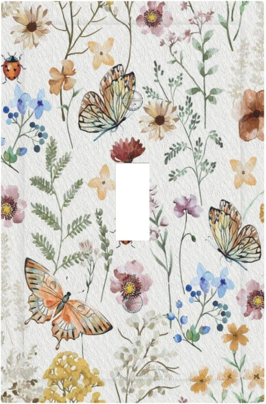 Decorative Light Switch Cover Boho White Background Butterfly Rustic Flower Single Toggle Personalized Wall Plate Switchplate 1 Gang Switchcover Decora Light Switch Plate for Home Decor