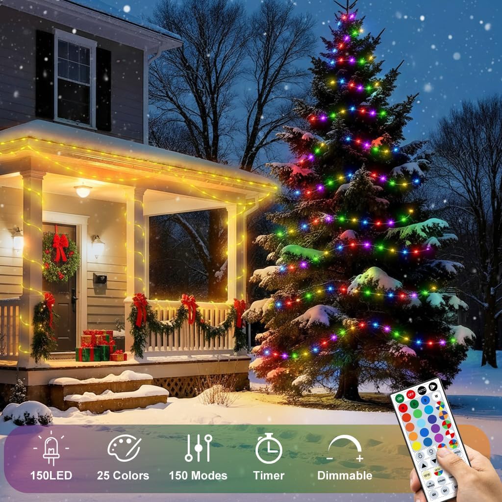 50ft Fairy Lights Plug in, Dimmable 25 Colors 14 Modes RGB+Warm White Color Changing String Lights,150LED Twinkle Lights with Remote, Christmas Fairy Lights for Indoor Outdoor Party Xmas Décor