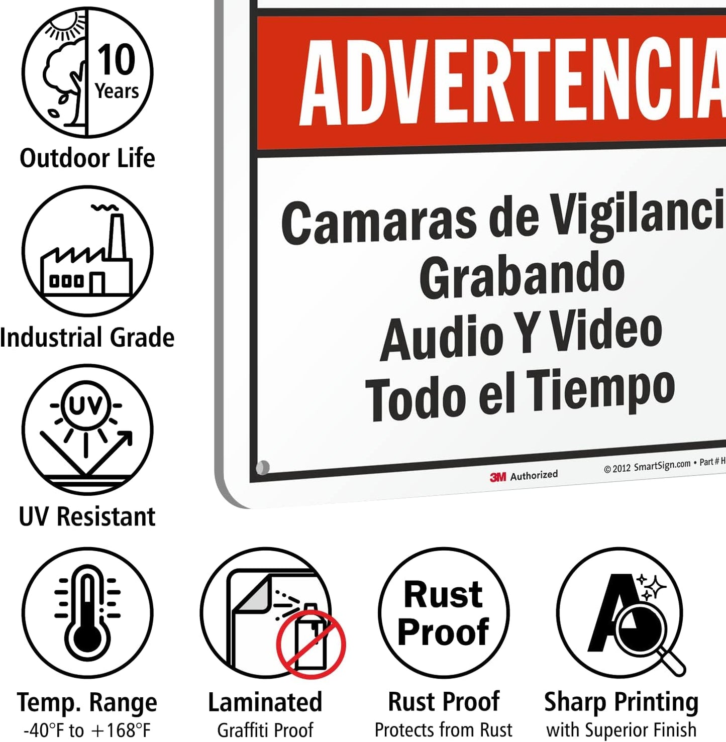 SmartSign 18 x 12 inch “Warning - Audio & Video Surveillance On Duty At All Times” Bilingual Sign, 63 mil Aluminum, 3M Laminated Engineer Grade Reflective Material, Red, Black and White, USA-Made
