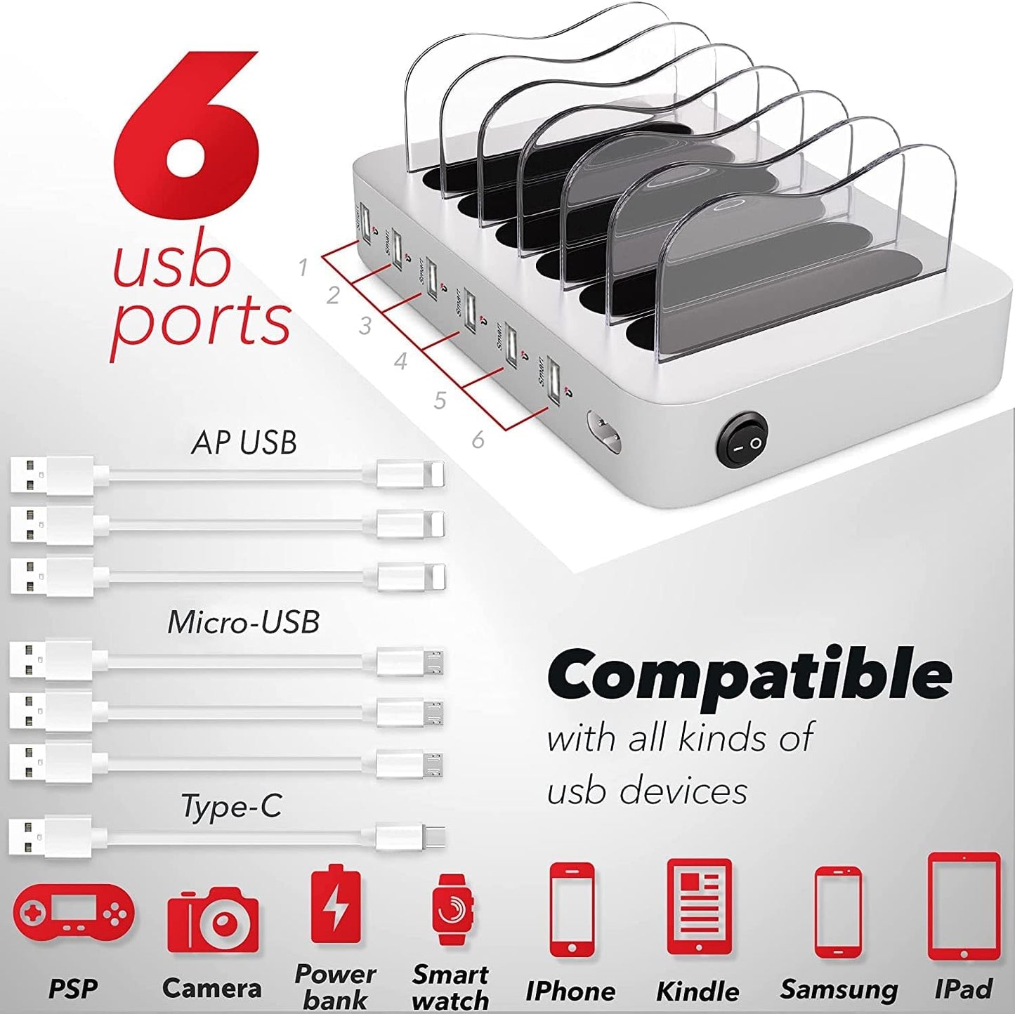 USB Charging Dock - 6-Port Universal Charging Station for Multiple Devices - Multi Device Charger Station - Compatible with Apple, iPad, iPhone, and Android Cell Phones and Tablets
