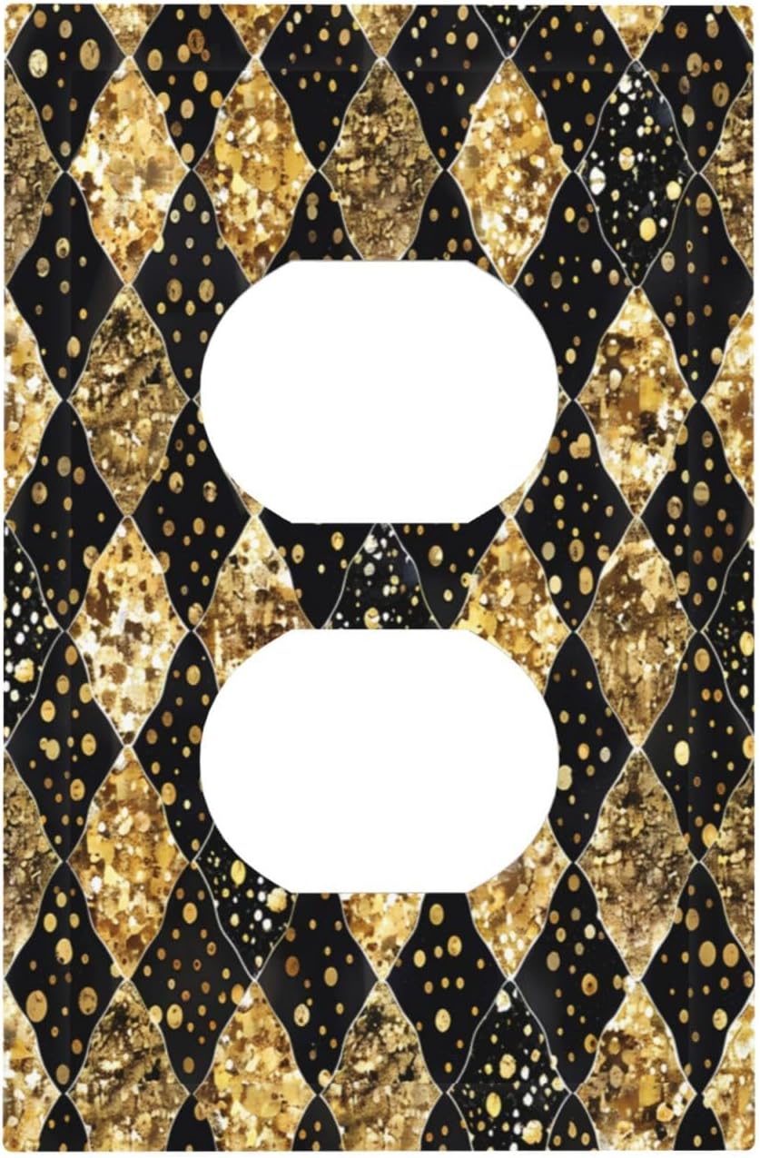 Gold Black Marble Geometric Plaid Glitter Outlet Covers 1 Gang Duplex Light Switch Cover Wall Plate Decorative Switch Plates Electrical Receptacle Faceplate for Bedroom Bathroom Decor