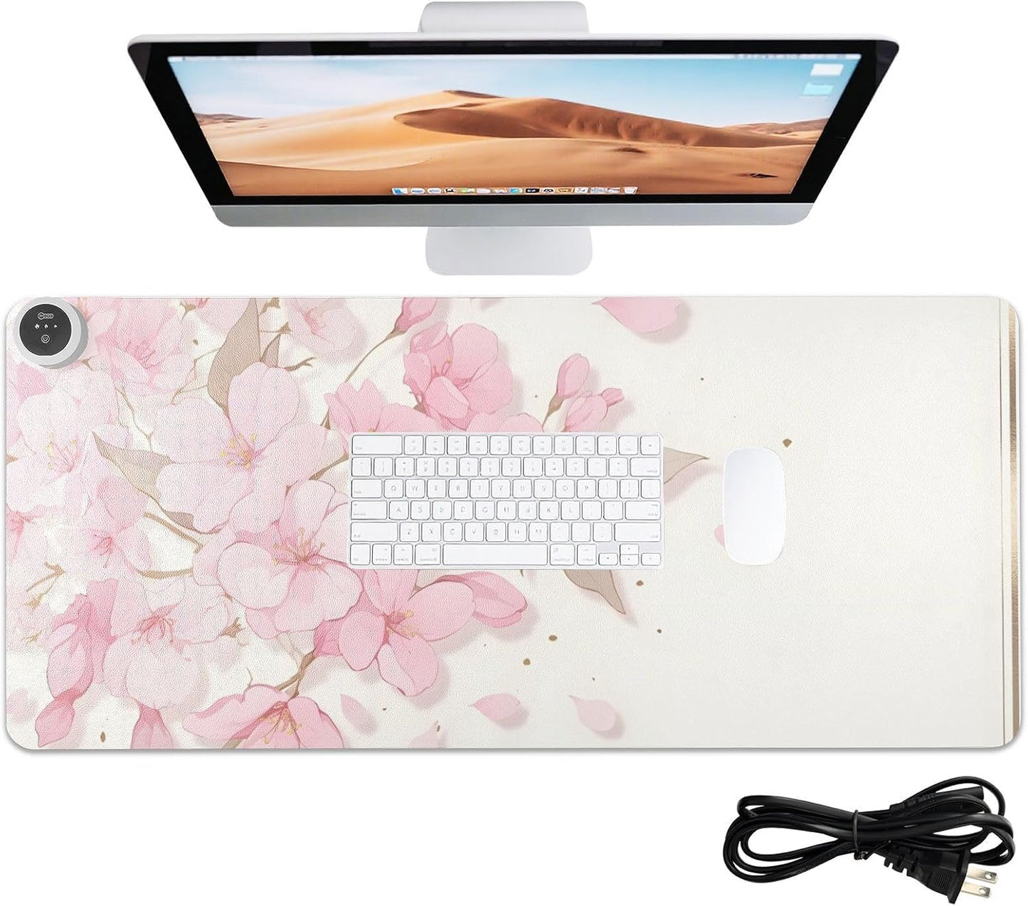Large Heated Mouse Pad,Leather Desk Mat,31.5"x13",Hand Warmer Pads for Desk,Sakura（Pink White）