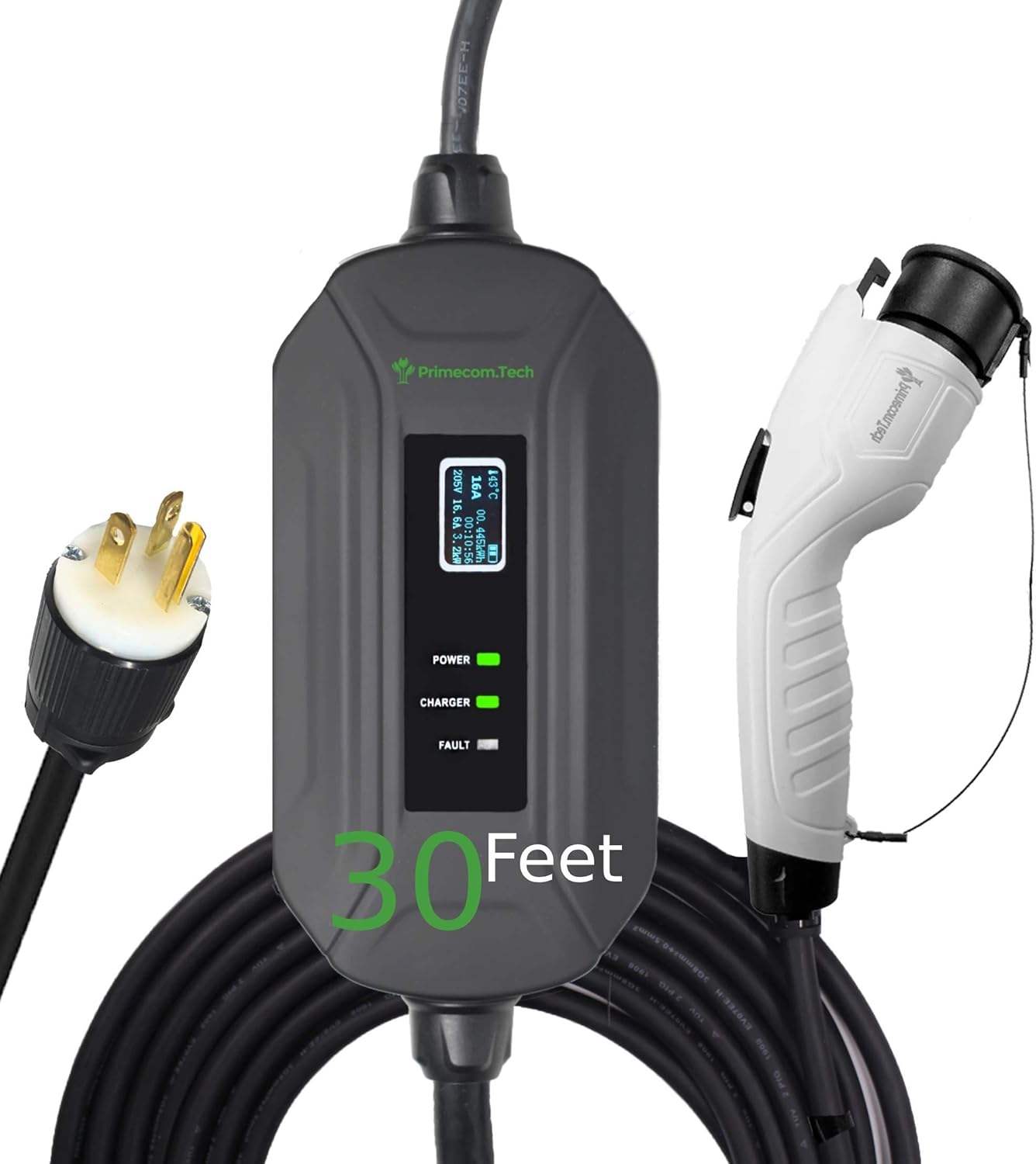 PRIMECOM Level 2 Electric Vehicle (EV) Charger (220V / 240Volt, 16Amp) Portable EVSE Smart Electric Car Charger, 30', 40', and 50 Feet Lengths (NEMA 6-20P, 30 Feet)