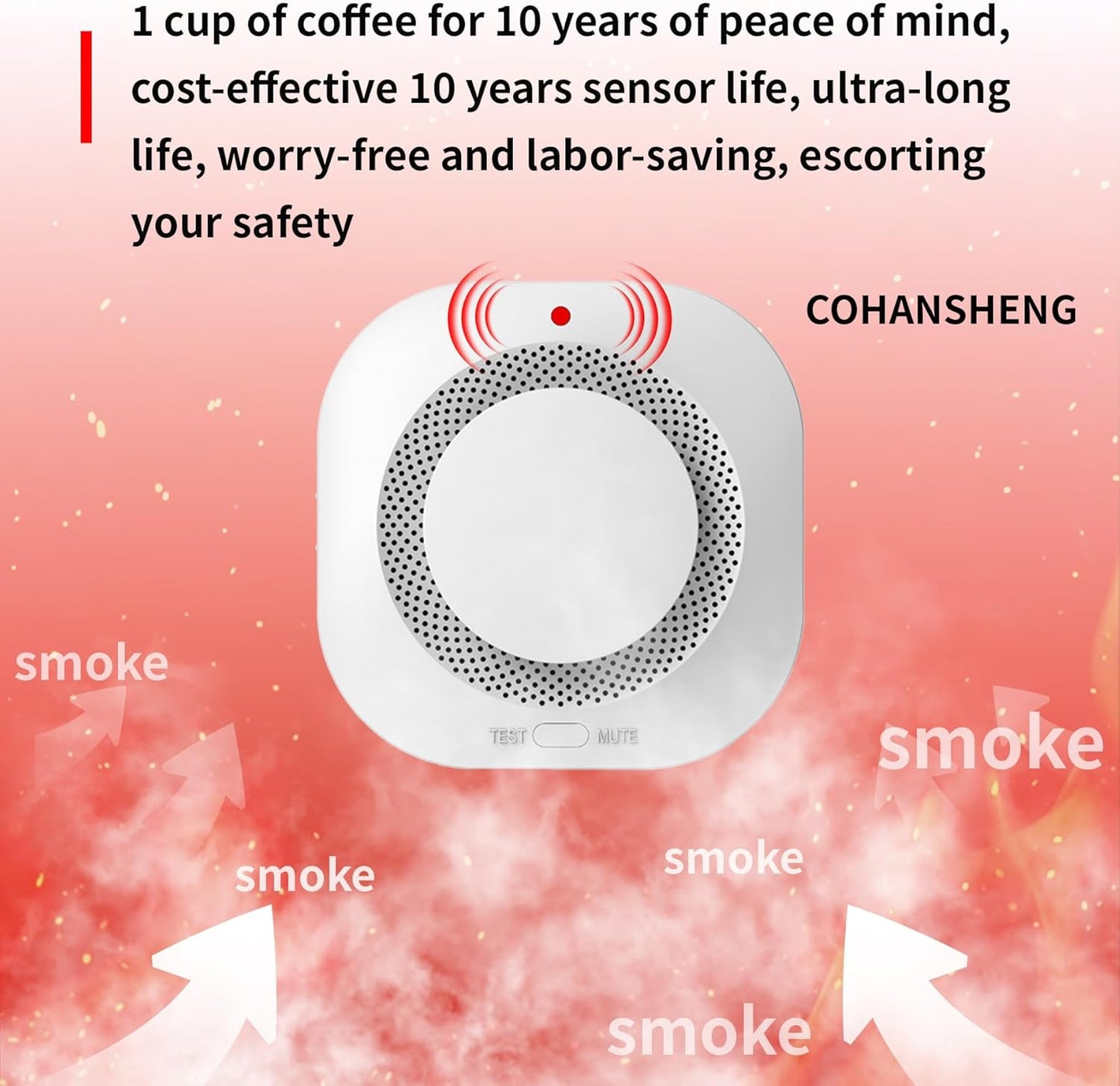 COHANSHANsmoke Detector,Smoke Alarm,fire Alarms Smoke detectors,(Sensor Life of 10 Years) complies with UL Certification,fire Alarm,Smoke detectors,360°Intelligent Detection,Wireless Installation6
