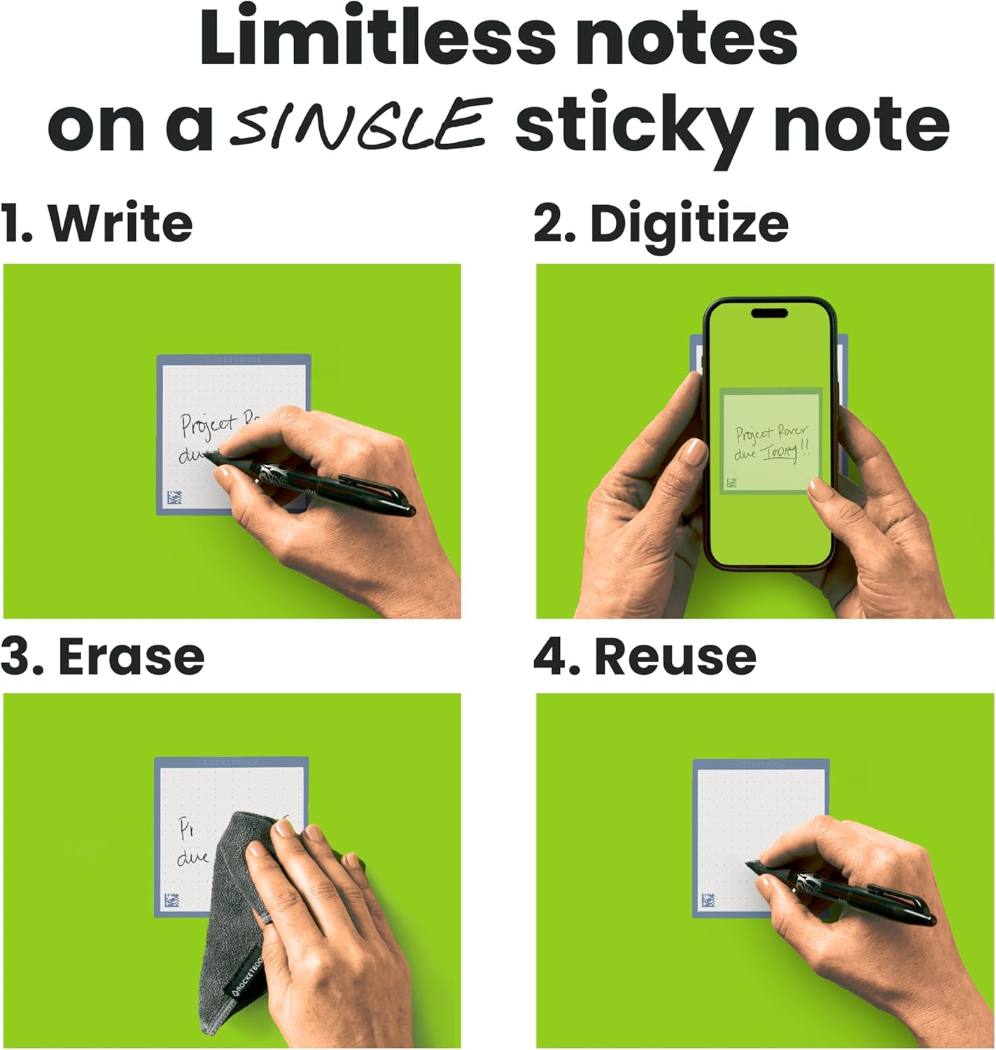 Rocketbook Reusable Sticky Notes, Restick and Reorganize Memo Pads, 3"x3", 16 Multi-Colored Sticky Notes Only (Pack of 1)
