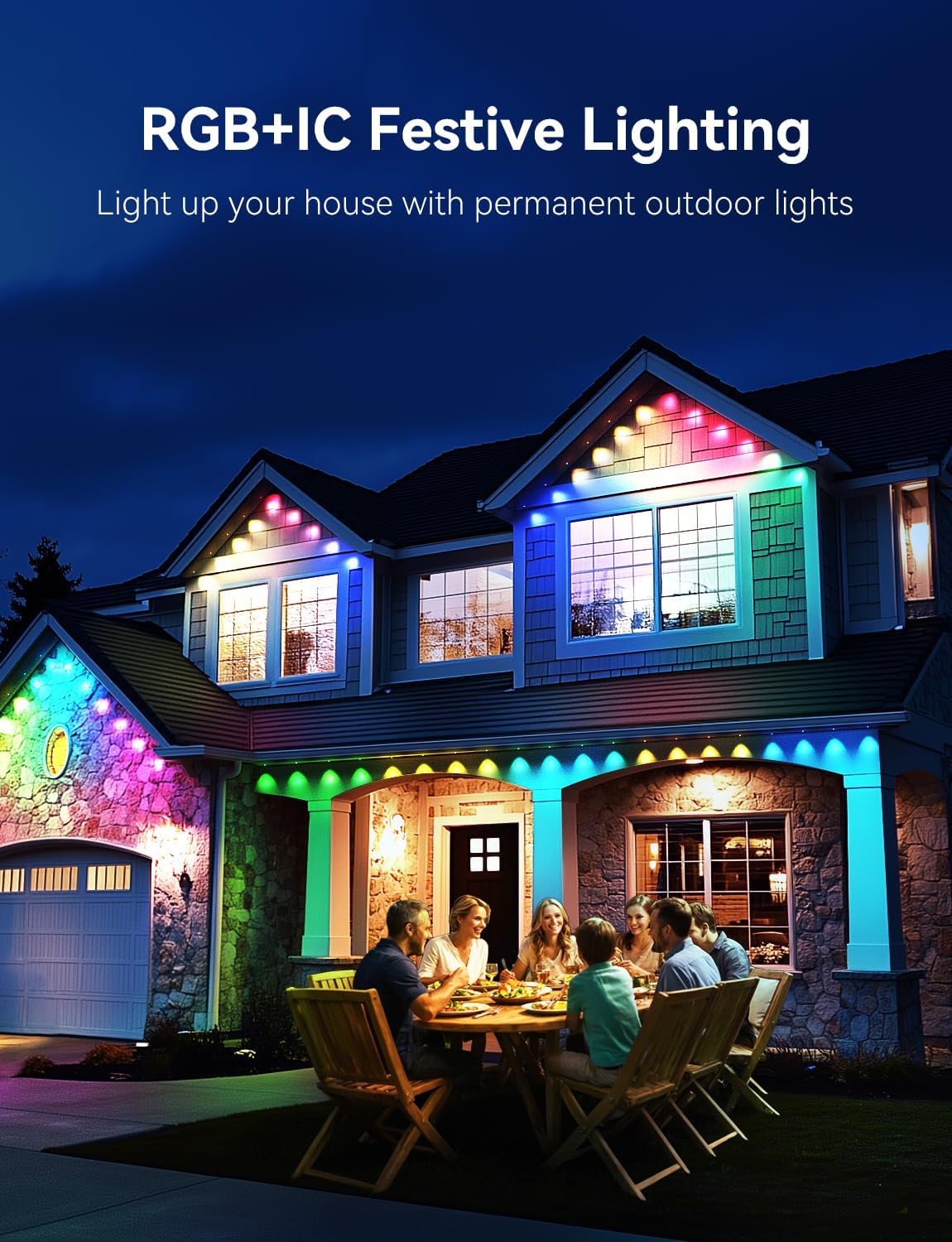 RGB+IC Permanent Outdoor Lights -Smart Eave Lights for House 200ft with 144 LED IP67 Waterproof Eternity Lighting for Daily Decor, Work with Remote, APP, Alexa, Google Assistant