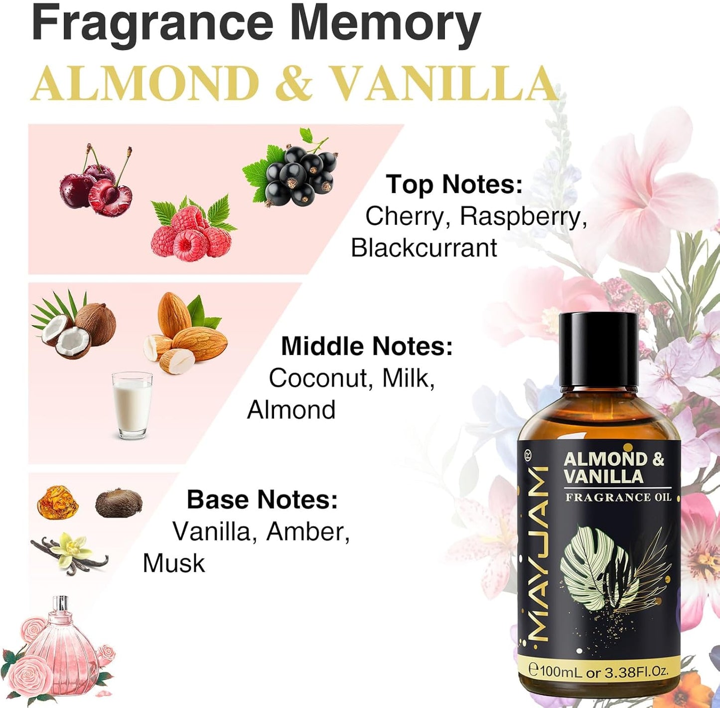 Almond & Vanilla Fragrance Oil Essential Oil, MAYJAM 3.38FL.OZ Almond & Vanilla Oil for Diffusers for Home, Long Lasting Scented Oils for Soap Candle Making - 100ML