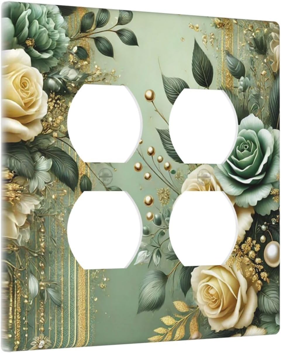 Decorative Outlet Covers Rustic Green Floral Leaves Teal Flowers Gold Stripe 2 Gang Wall Plate Cover Double Duplex Receptacle Two Switch Light Switch Cover Plate Faceplate