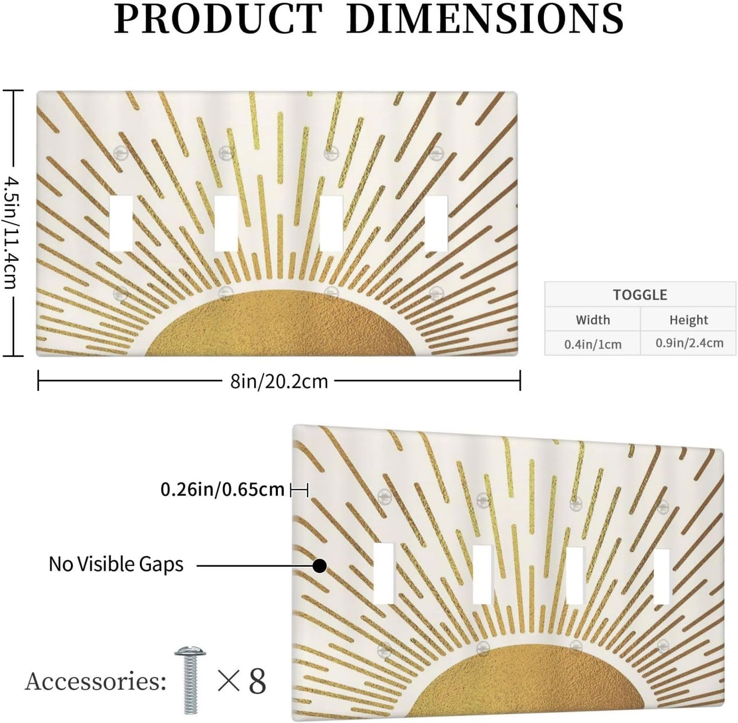 Decorative Light Switch Cover Plate Boho Mid Century Gold Sun Sunbeams 4 Gang Wall Plates for Electrical Outlets Quad Toggle Switch Plate Covers Outlet Covers Faceplate for Home Decor