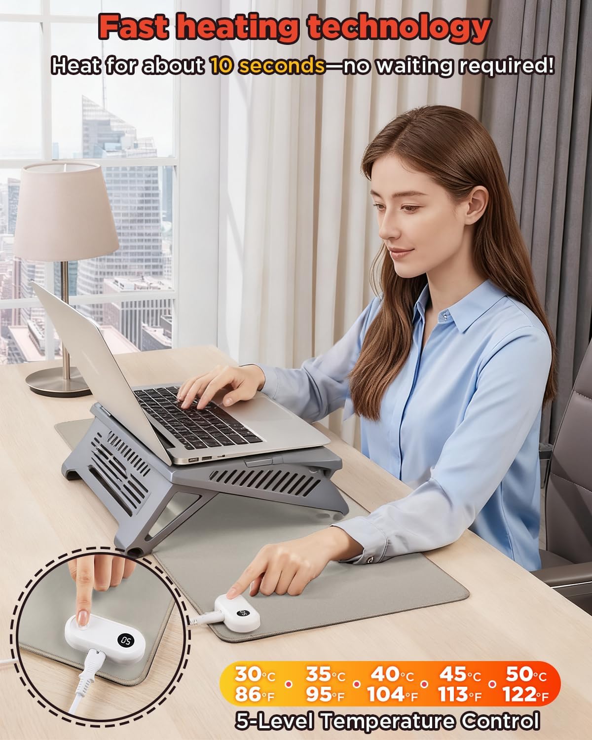 Resen Heated Desk Pad, 31.5x13 Fast Heating Mouse Pad with 5 Temperature Settings, Digital Display, Auto Shut-Off, PVC Leather Surface for Office and Home Use, Energy Efficient & Safe (Grey)