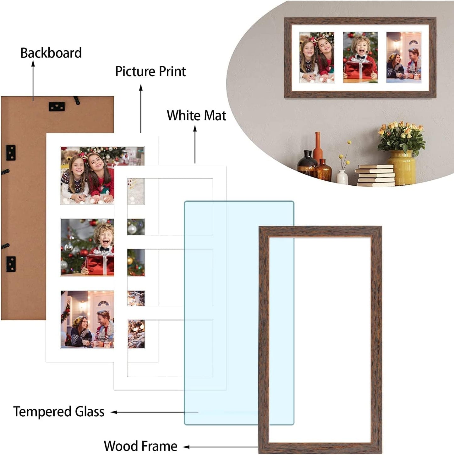 Golden State Art, Set of 10, 9x18 Distressed Brown Wood Frame - White Mat for Three 5x7 Pictures - Sawtooth Hangers- Swivel Tabs - Wall Mounting - Landscape/Portrait - Real Glass - Collage Frame