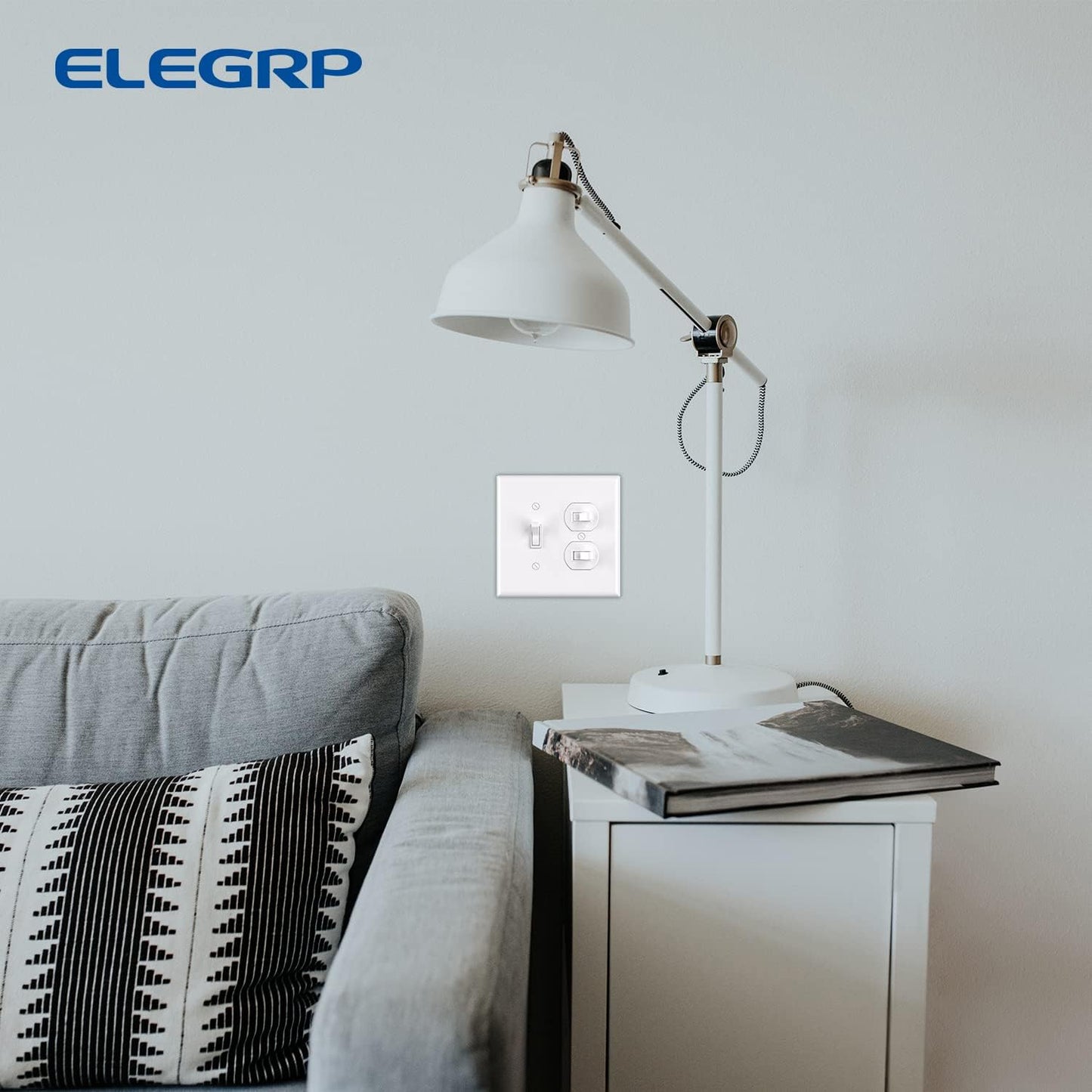 Combination Wall Plate ELEGRP 1-Toggle Light Switch 1-Duplex Receptacle Outlet Combination Wall Plate Cover, Mid-Size 4.88" x 4.94" Unbreakable Thermoplastic Faceplate Cover, UL Listed (2 Pack, white)