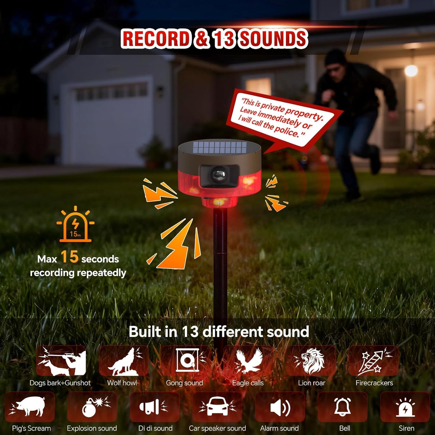 Solar Outdoor Motion Sensor Alarm-Dog Barking or Gunshot Sound, 130dB Noise, 13 Sounds & 360° Motion Detector Alarm Support Recording, with Remote Controller for Home, Villa,Yard,Chicken coop
