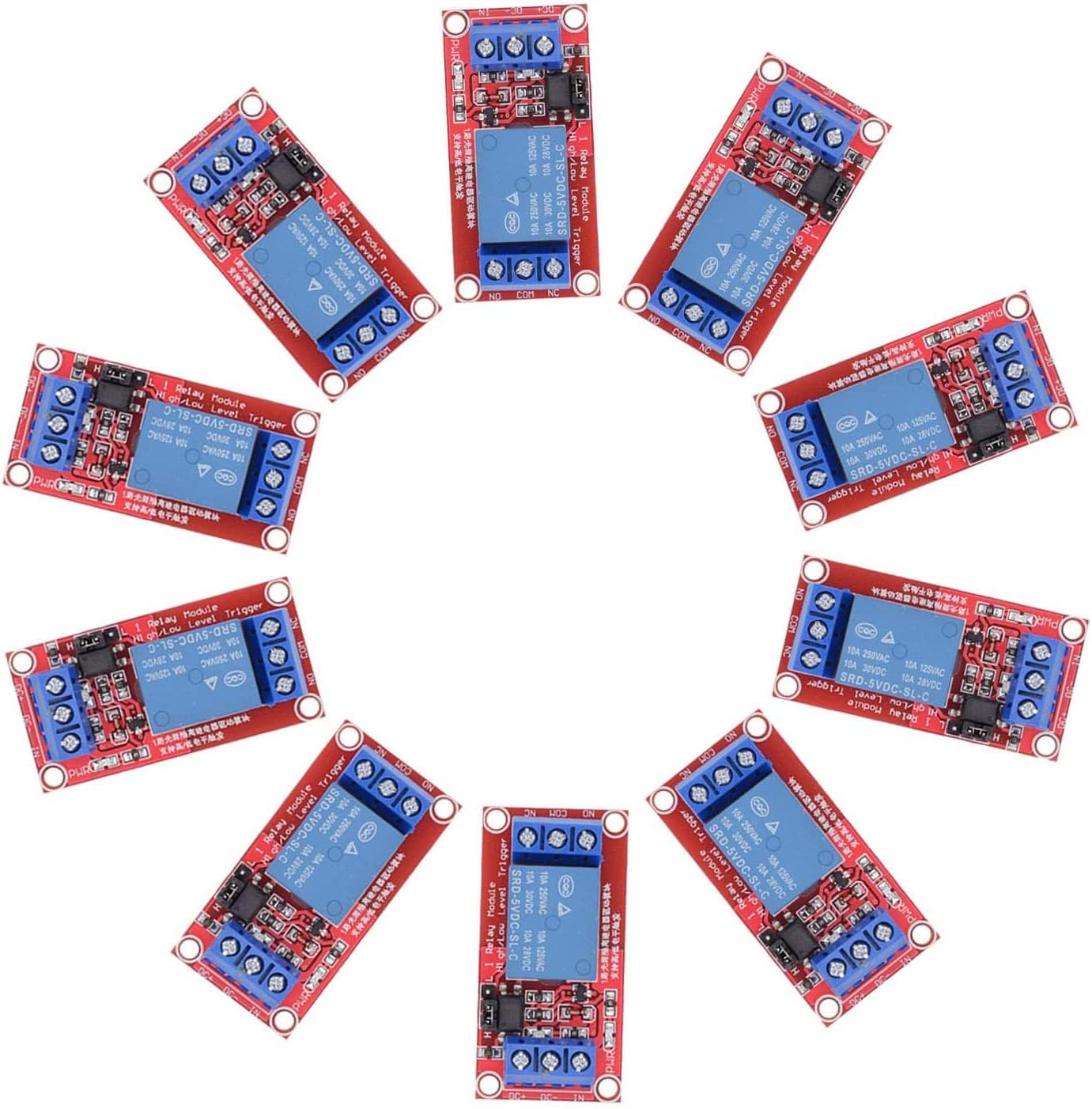 DC 5V Relay Module 1-Channel Relay Switch with Optocoupler Isolation High/Low Level Trigger, Pack of 10