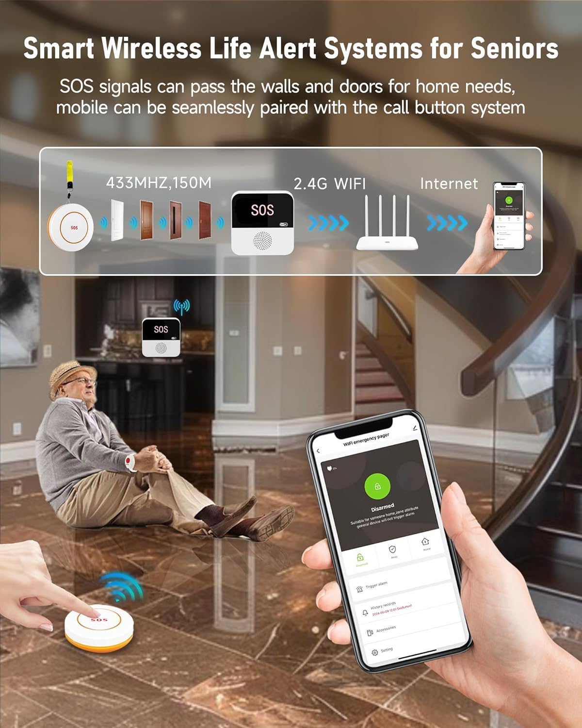 WiFi Caregiver Pager Wireless Call Button with App Alert, Life Alert Systems for Seniors No Monthly Fee- 2 Caregiver Call Button + 1 Wristband Panic Button, Alert Button for Seniors at Home