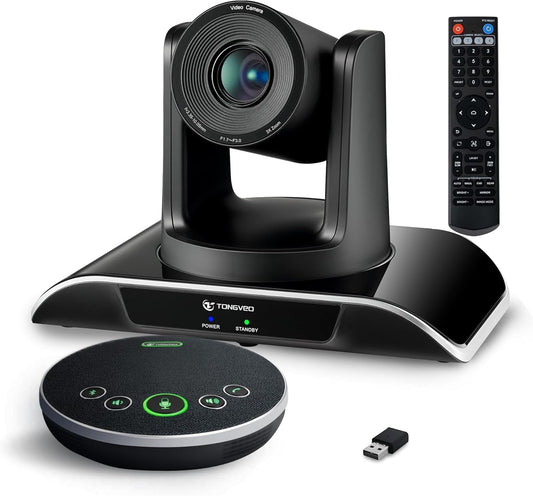 TONGVEO All-in-One Conference Room Video Camera System Al Auto-Tracking HD1080P 60fps 3X Optical Zoom USB3.0 HDMI PTZ Camera and Bluetooth Conference Speakerphone with Microphones