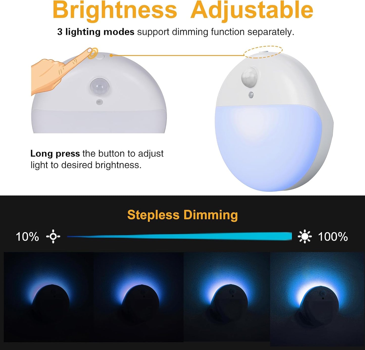 2 Pack Azure Battery Night Light, Motion Activated Night Light, 2.6" Small Sticky Lights, 3 Light Modes, Dimmable Battery Operated Lights for Travel, Toilet, Bathroom, Closet, Stairs,Corridor