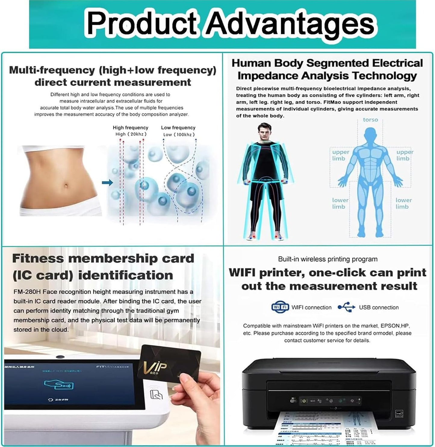 Professional Full Body Fat Analyzer, Body Bmi Analyzer, Body Composition Monitor & Scale, 10.1 Inch HD Touch Electronic Bmi Body Fat Monitor with Printer