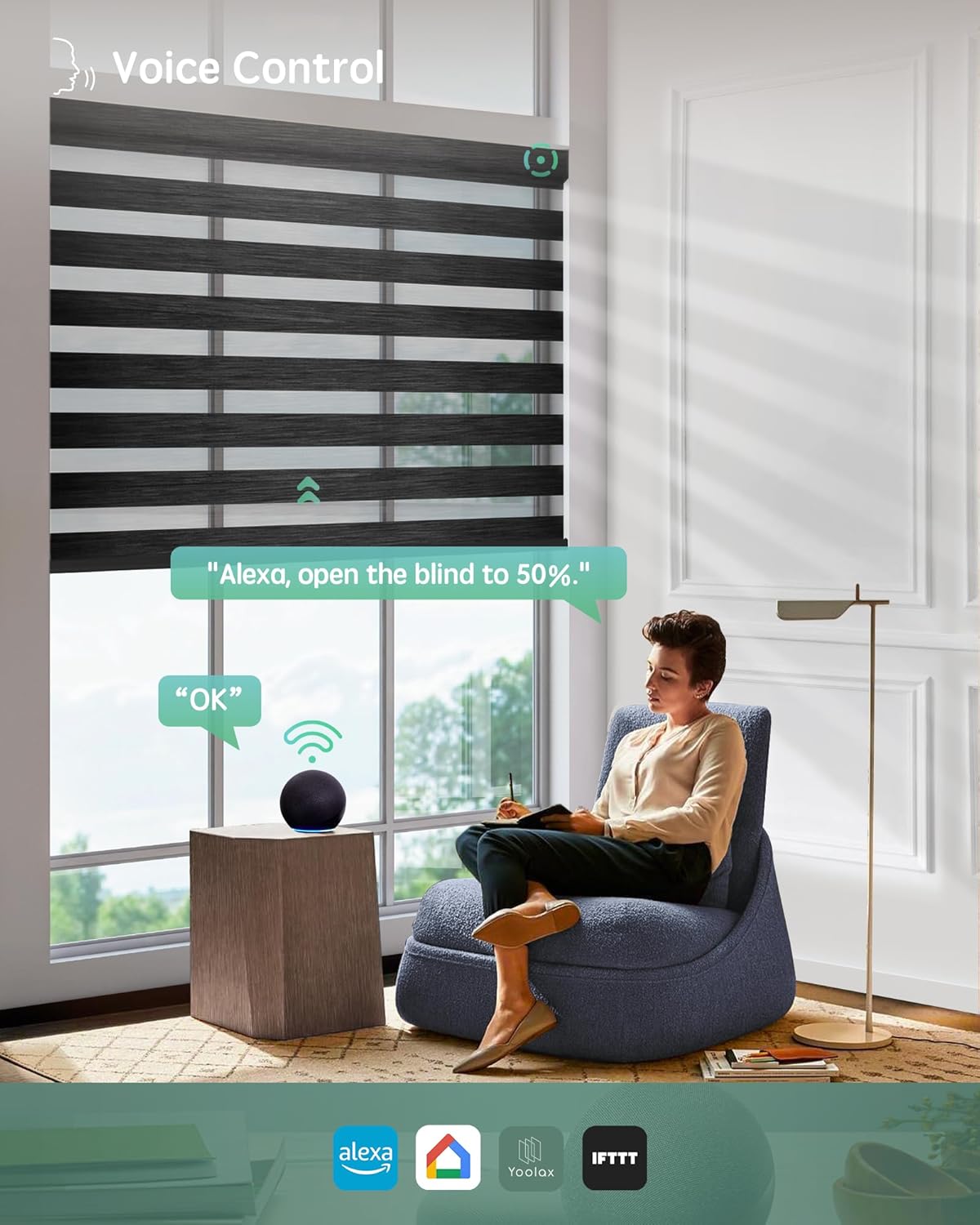 Yoolax Motorized Zebra Blinds Works with Alexa, Motorized Blinds with Remote Custom Size, Privacy Electric Zebra Shades for Windows (95% Shading Carbon Black)
