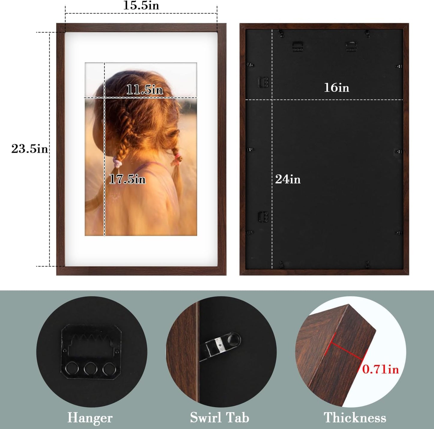 Golden State Art, 16X24 Picture Frame with Mat for 12X18 - High Definition Glass Wall Mounting Horizontal Vertical Display (Brown, 1 Pack)
