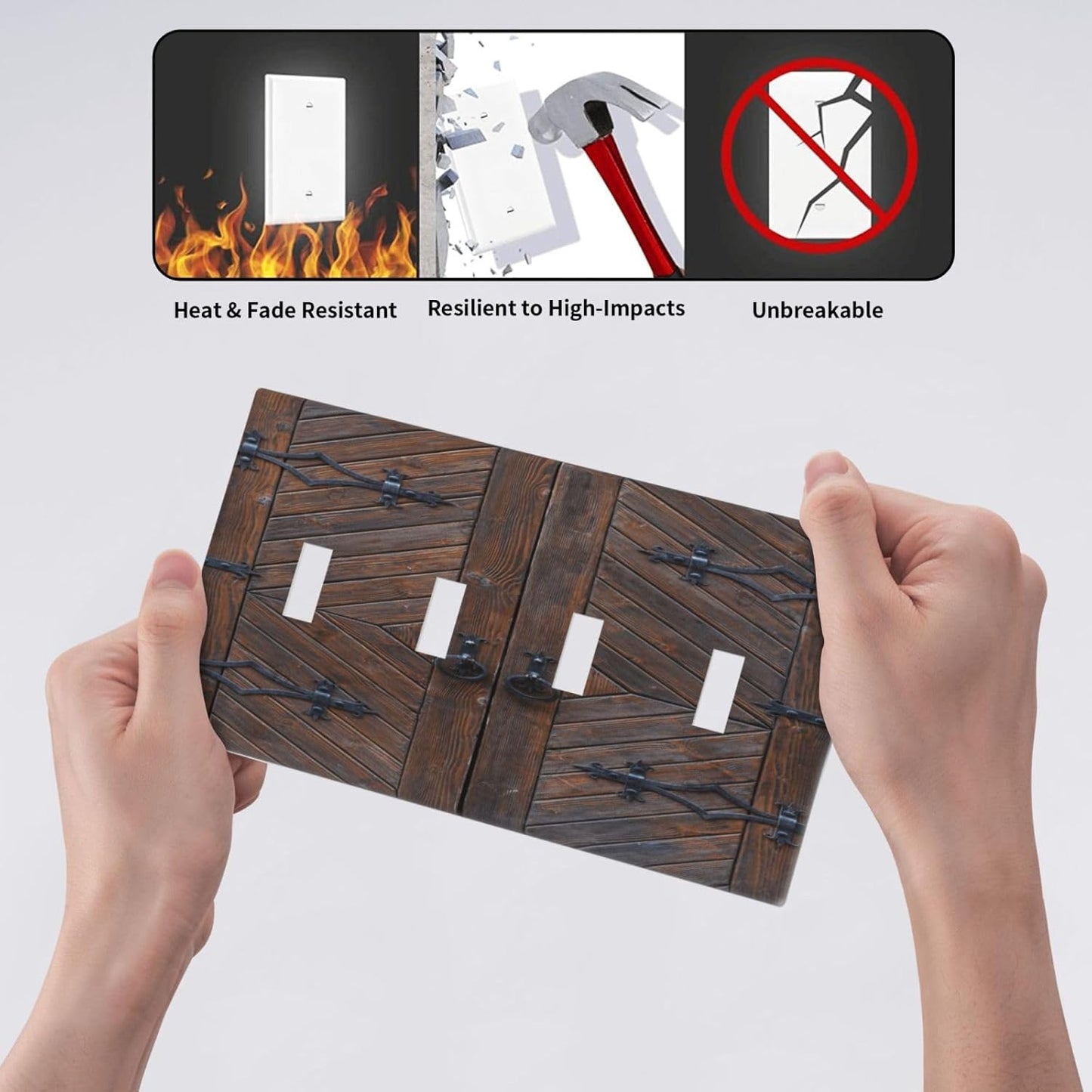 Decorative Light Switch Plate Covers Vintage Brown Wood Barn Door 4 Gang Light Switch Cover Quad Toggle Wall Plate Outlet Covers for Farmhouse Home Decor
