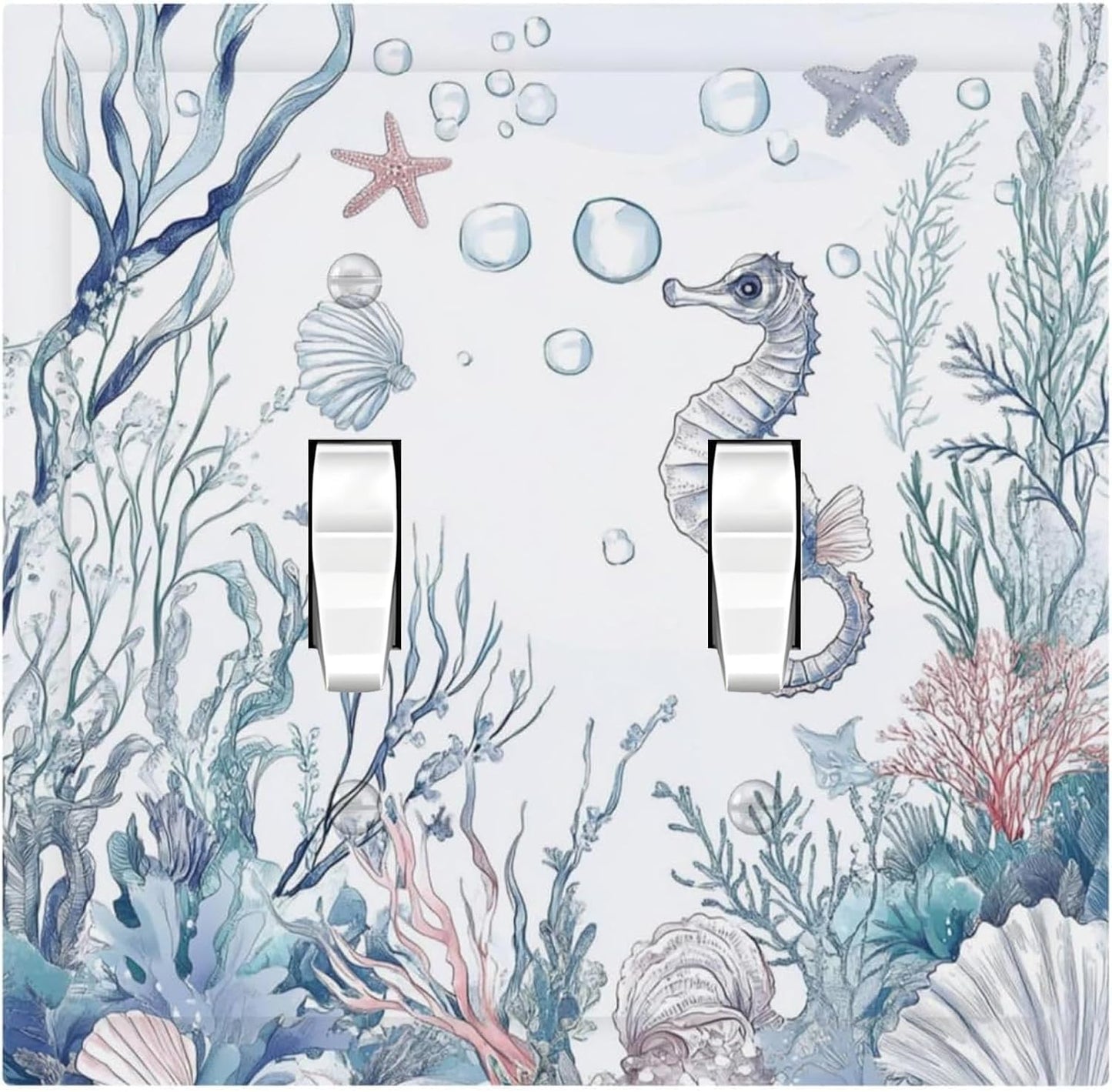 Decorative Switch Plates Ocean Coral Seahorse Seashell Starfish 2 Gang Double Toggle Outlet Light Switch Cover Wall Plate Electrical Faceplate For Bathroom Home Decor