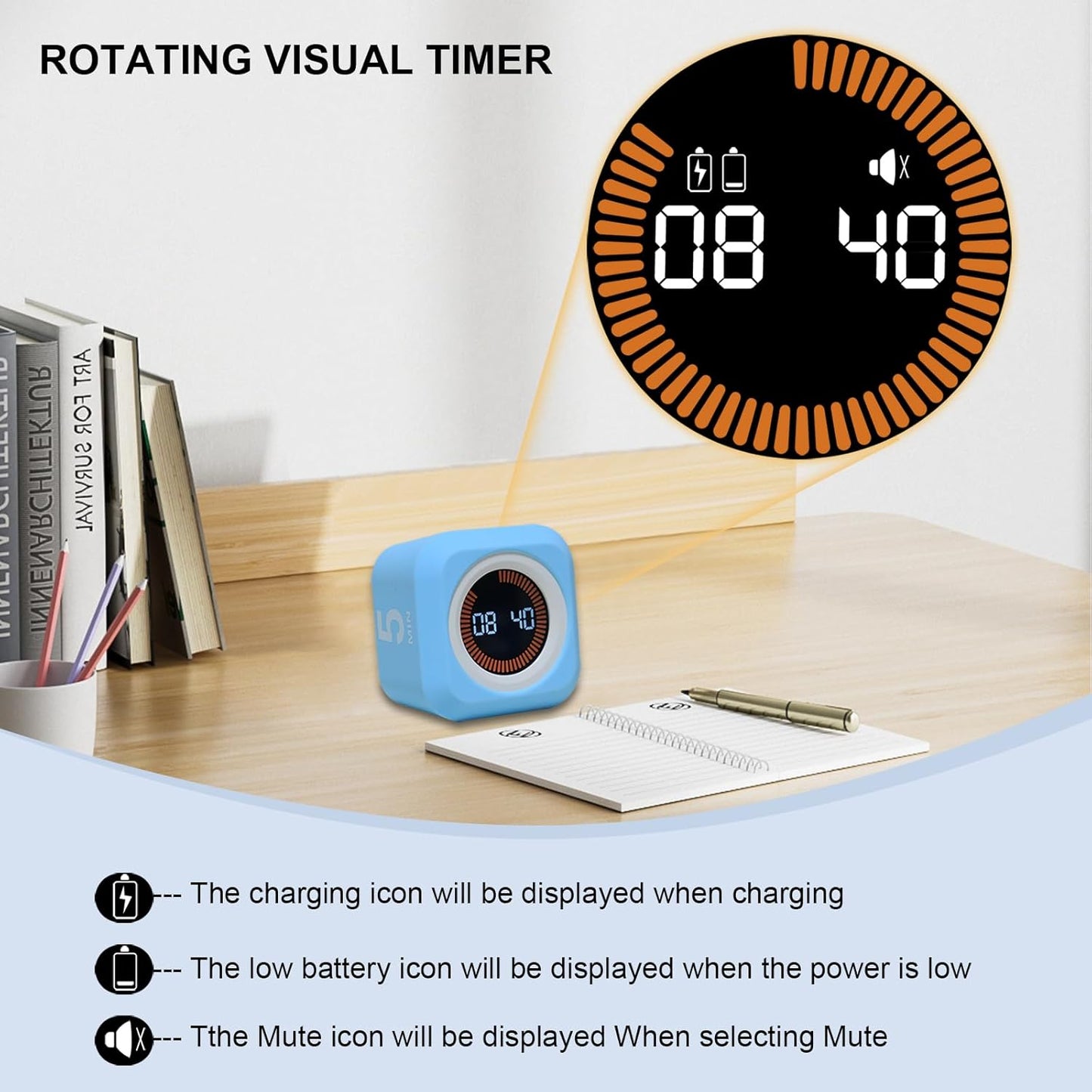 Rotating Cube Visual Pomodoro Timer 5, 25, 10 50 Minutes Preset + Custom Countdown, Rechargeable Desk Productivity Flip Timer with Detachable Silicone Cover for ADHD Study Work Kitchen School (Black)