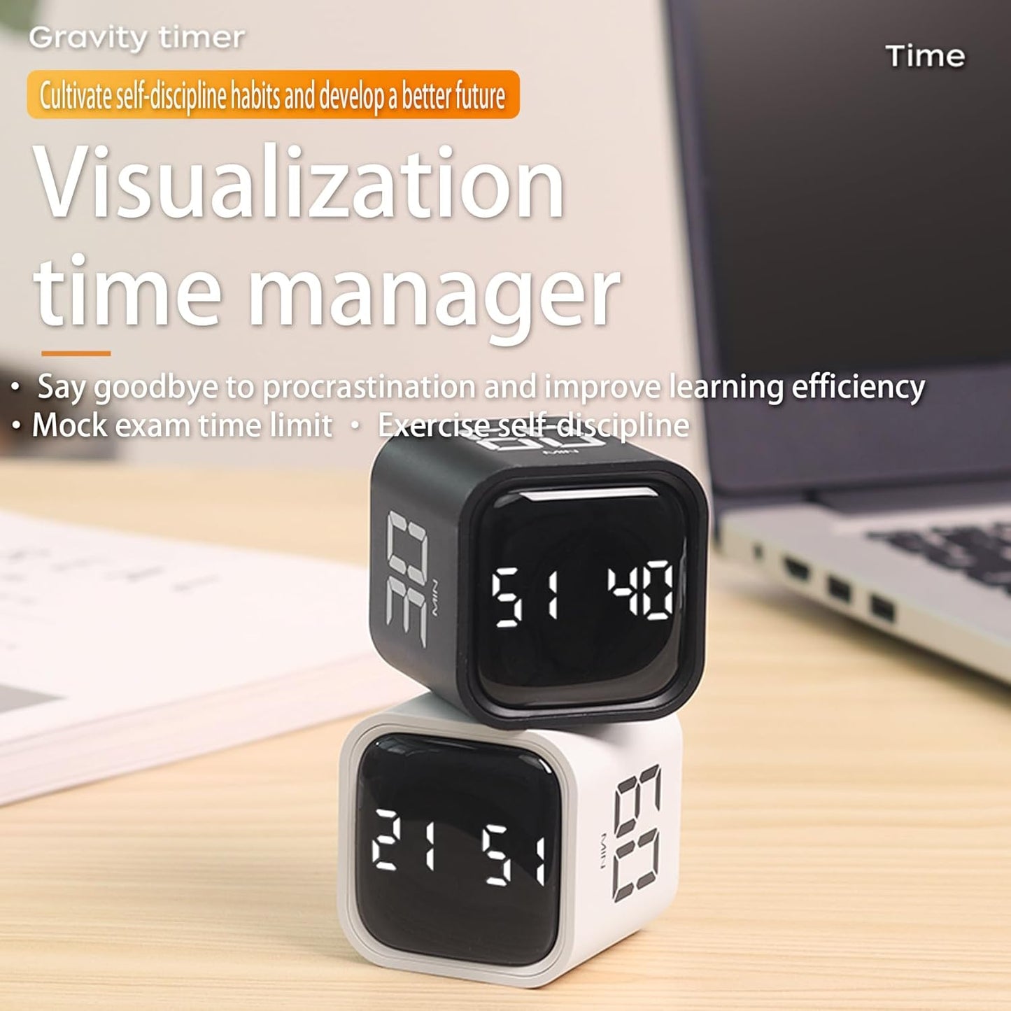 VEWINGL Cube Productivity Timer, 5/10/30/60 Min Presets + Custom Countdown, Silent/Vibrate/Sound Alarm, Pause & Resume, Desk Timer for Work, Study, Tasks, Kitchen