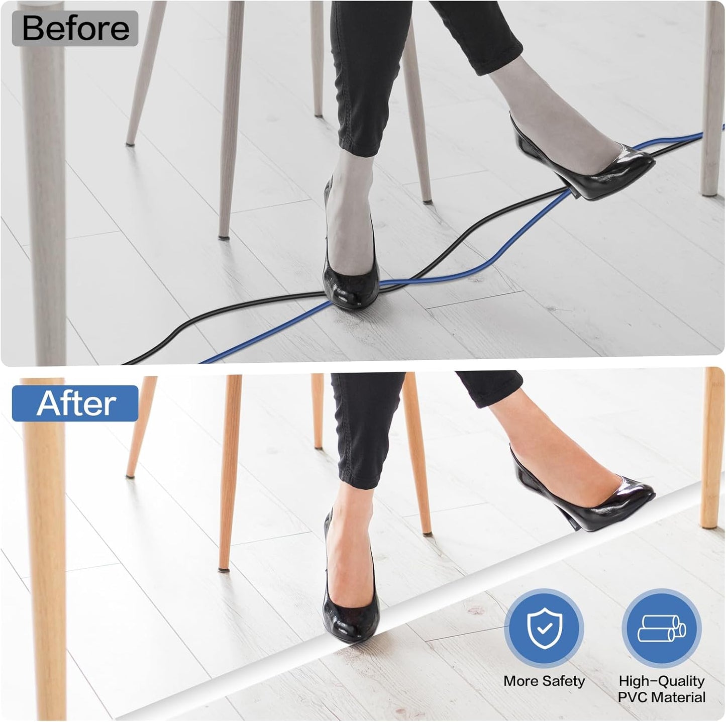Floor Cord Cover Self Adhesive Cord Hider Floor Extension Cord Covers for Floor Power Cord Protector Cable Management Prevent Cable Trips Cable Cavity 0.59" W x 0.31" H (White, 20Ft)