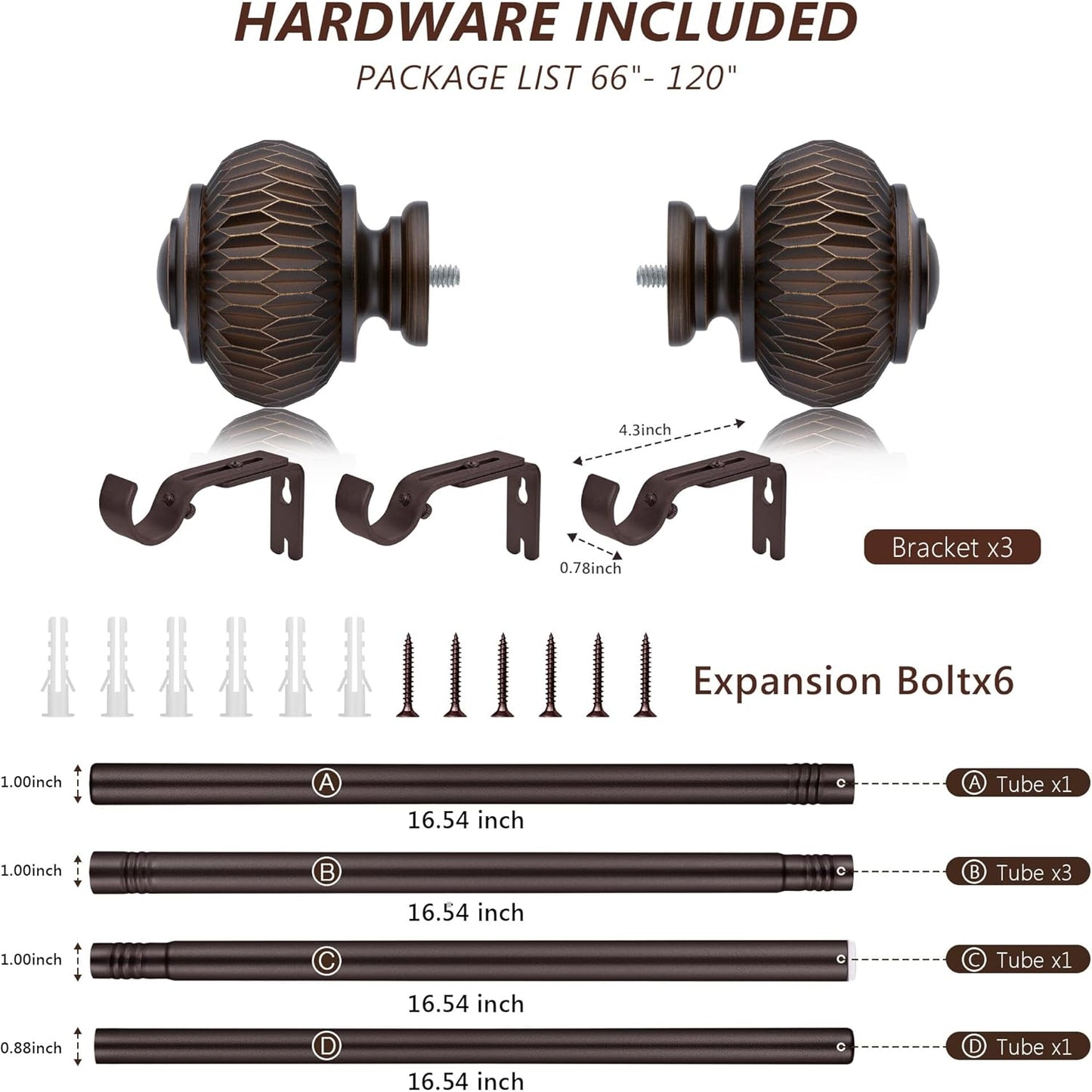 Bronze 1 Inch Adjustable Heavy Duty Curtain Rods with Lantern Ball Finials, Window Treatment Single Rods