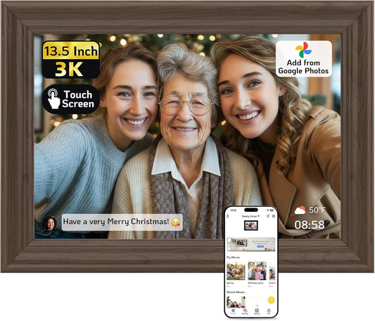 NexFoto 13.5" Touchscreen Digital Picture Frame 3K Resolution, WiFi Electronic Photo Frame 64GB, Add Pics from Google Photos, Share Photos/Videos via App/USB, Gifts for Mom Christmas, Walnut