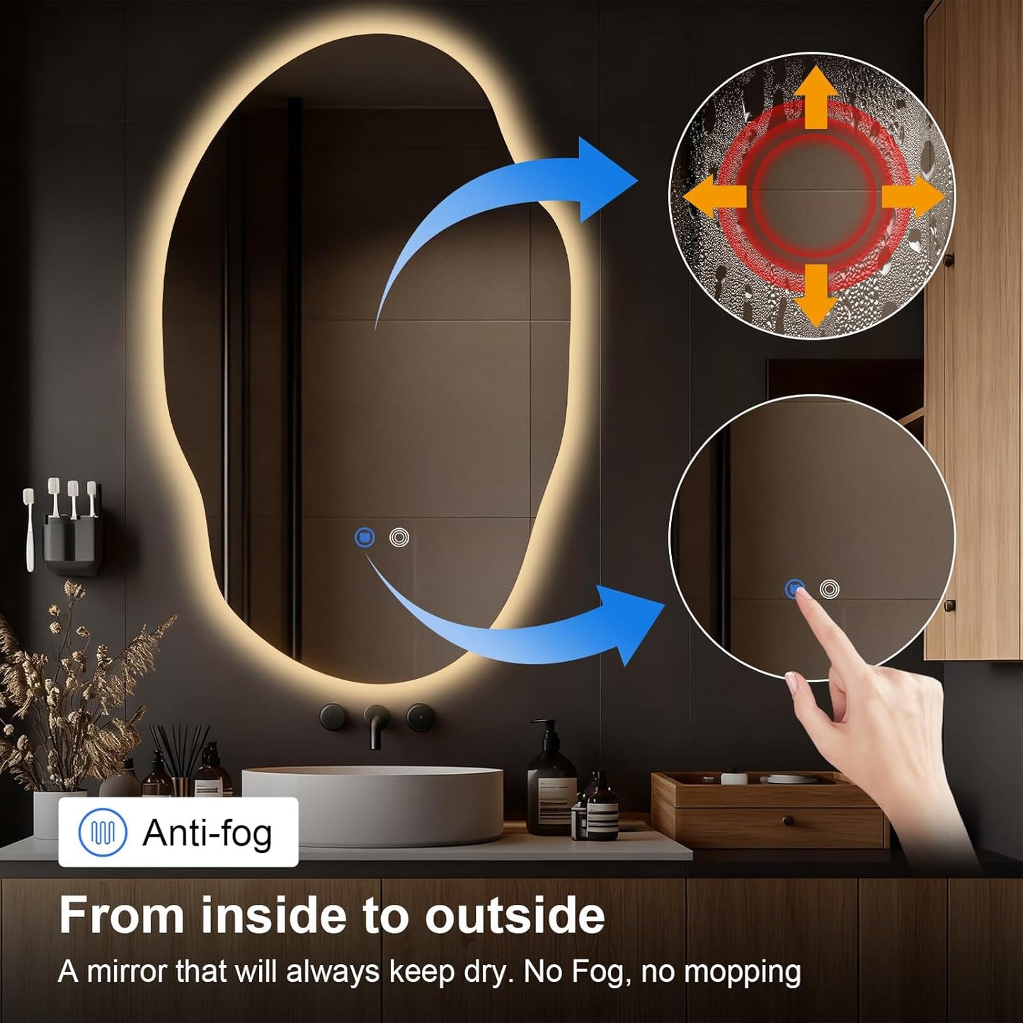 Asymmetrical Bathroom Mirror with Lights,Irregular LED Bathroom Vanity Mirror with Backlit,Anti-Fog,3 Colors and Dimmable Light with Memory,Hardwired Supported[Horizontal/Vertical] 48" H x 30" W