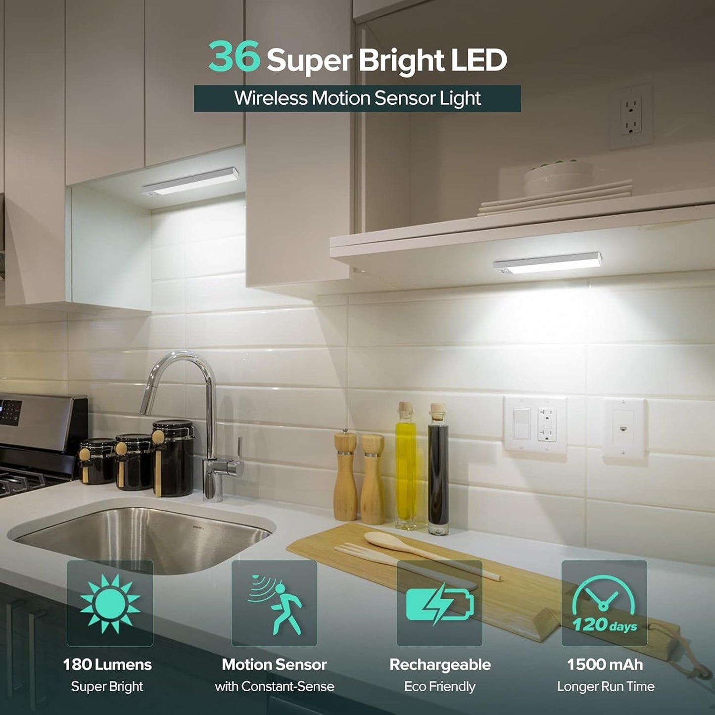 BLS 36 LED Closet Light Battery Powered, Super Bright Under Cabinet Lighting, Motion Sensor Indoor, Wireless, 1500mAh Rechargeable Battery Operated, 3 Pack