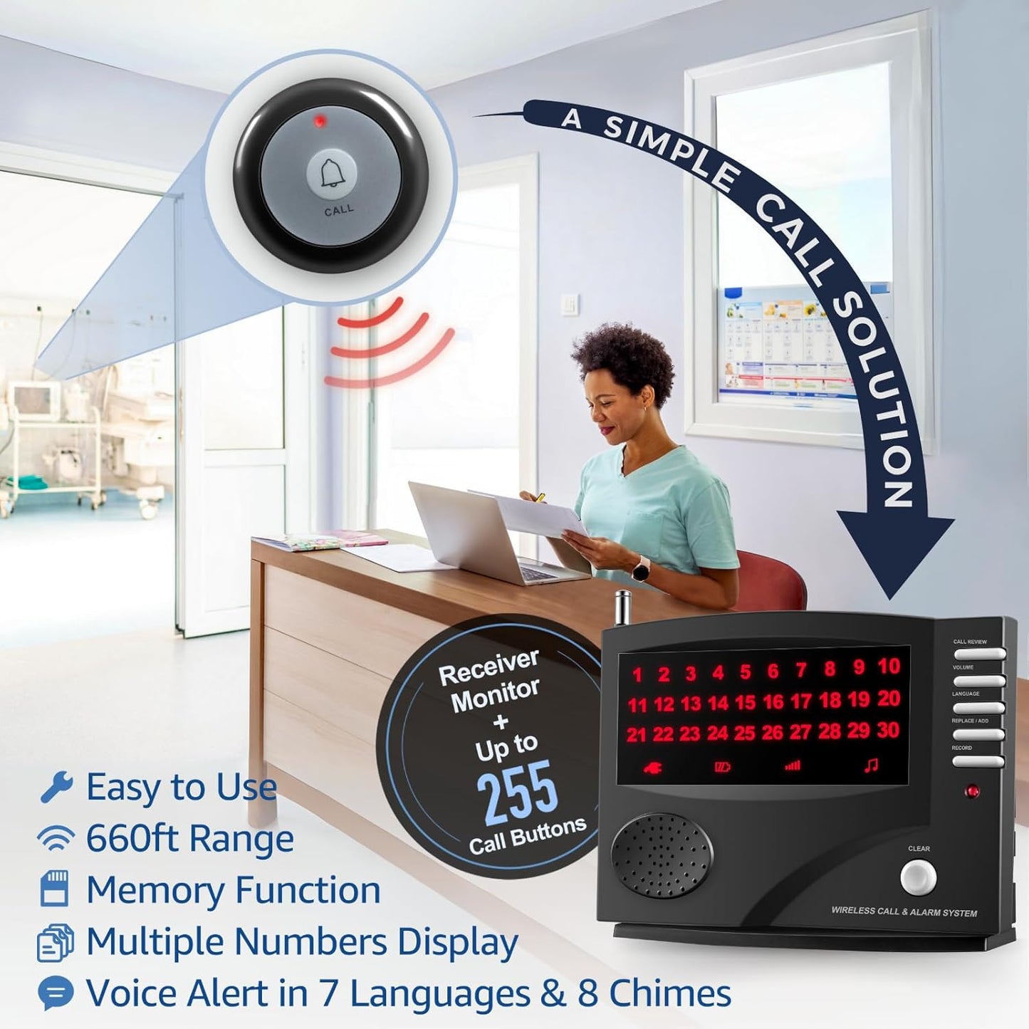 Wireless Calling System Nurse Call System Caregiver Pager for Restaurant Clinic Nursing Home 7 Languages 8 Alert Tones, 10 Call Buttons and 1 Monitoring Unit for Patients Seniors Customer