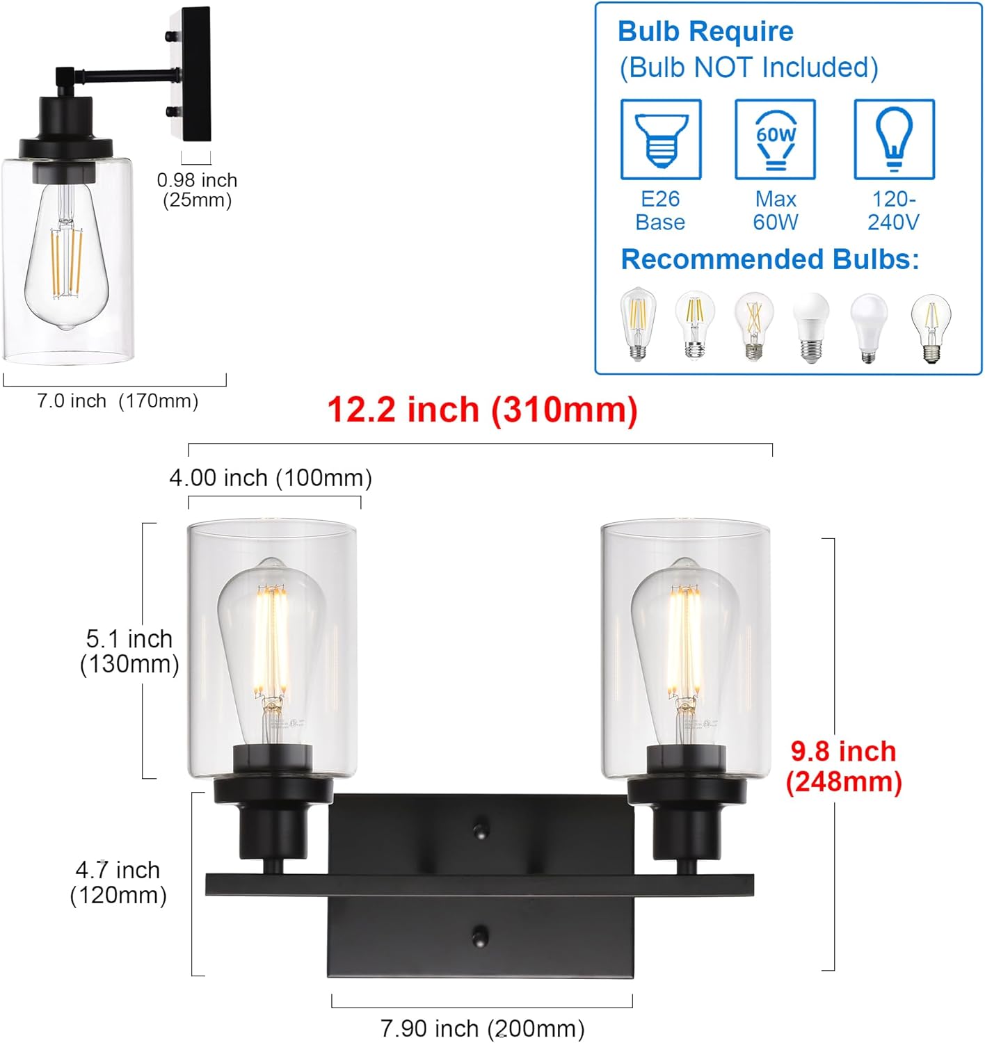 MELUCEE 2-Light Black Wall Sconce Industrial Vintage with Clear Glass Shade and Metal Base, Bathroom Vanity Lights Hallway Light Fixture Sconces Wall Lighting (Patent No.: US D963914 S)