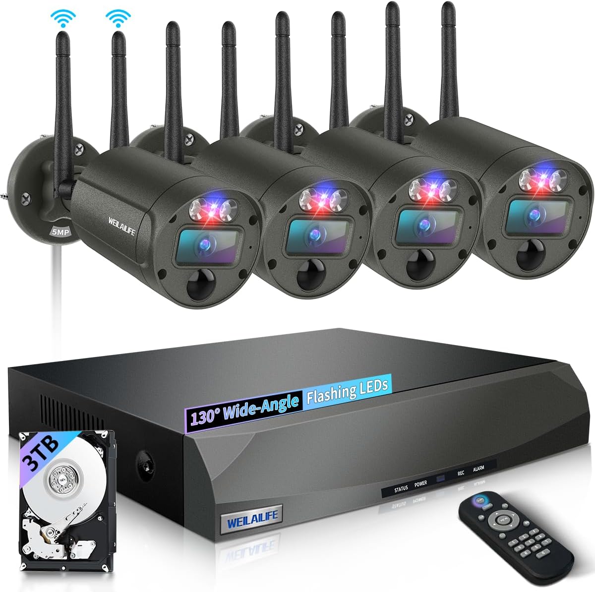 【90 Days Storage & 130° Wide Angle】 Wireless Security Camera System, Wireless Cameras for Home Security, Outdoor WiFi Video Surveillance DVR Kits