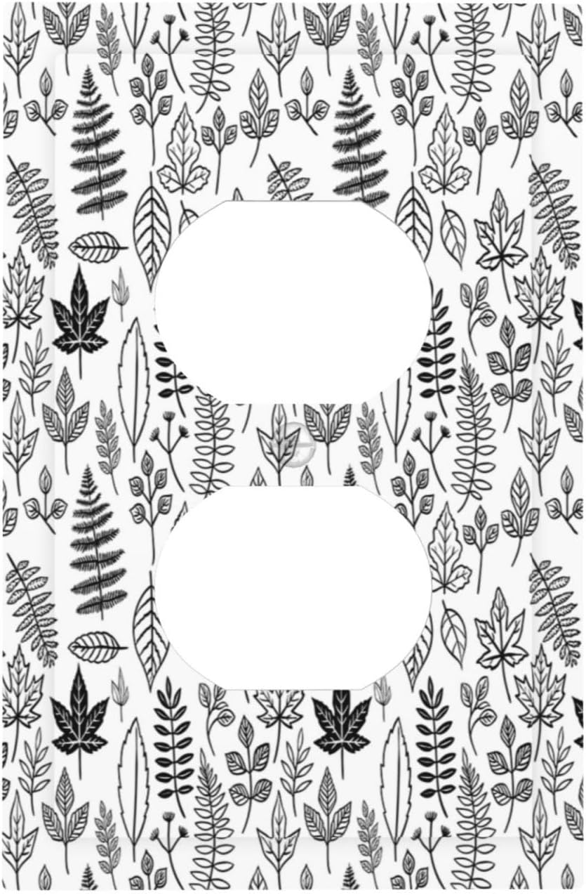 Black White Leaf Wheat Maple Leaf Plant Outlet Covers 1 Gang Duplex Light Switch Cover Wall Plate Decorative Switch Plates Electrical Receptacle Faceplate for Bedroom Bathroom Decor