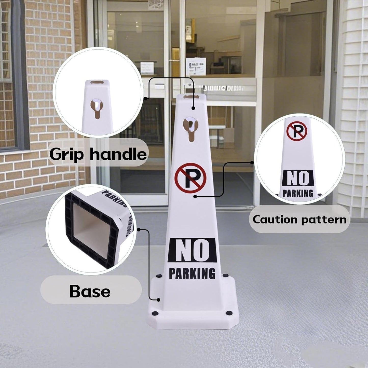 26.5" Caution Cones, 4-Sided Visible Safety Signs with Heavy Rubber Base, Warning for Slip & Fall Prevention, Indoor/Outdoor Use (4, No Parking-White, 26.5 inch)
