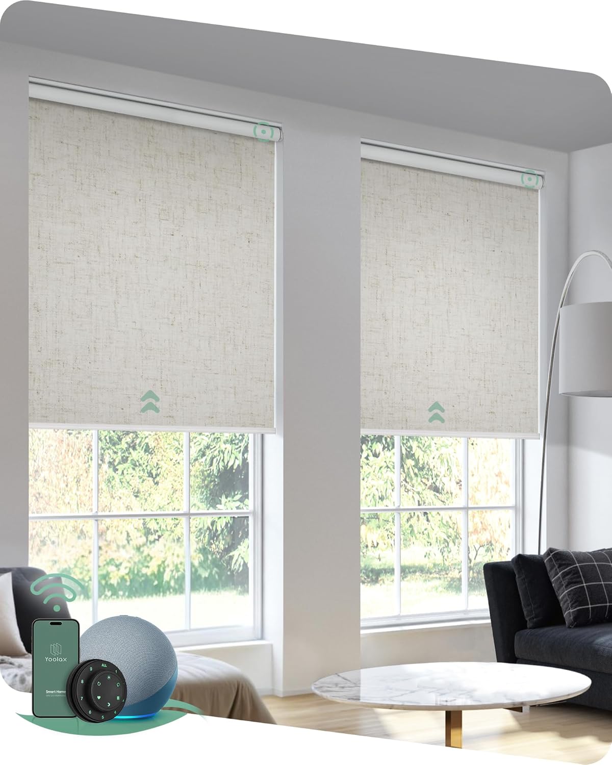 Yoolax Motorized Roller Shades, Blackout, Smart, Energy Efficient, Linen Beige, 26"W x 72"H, Compatible with Alexa