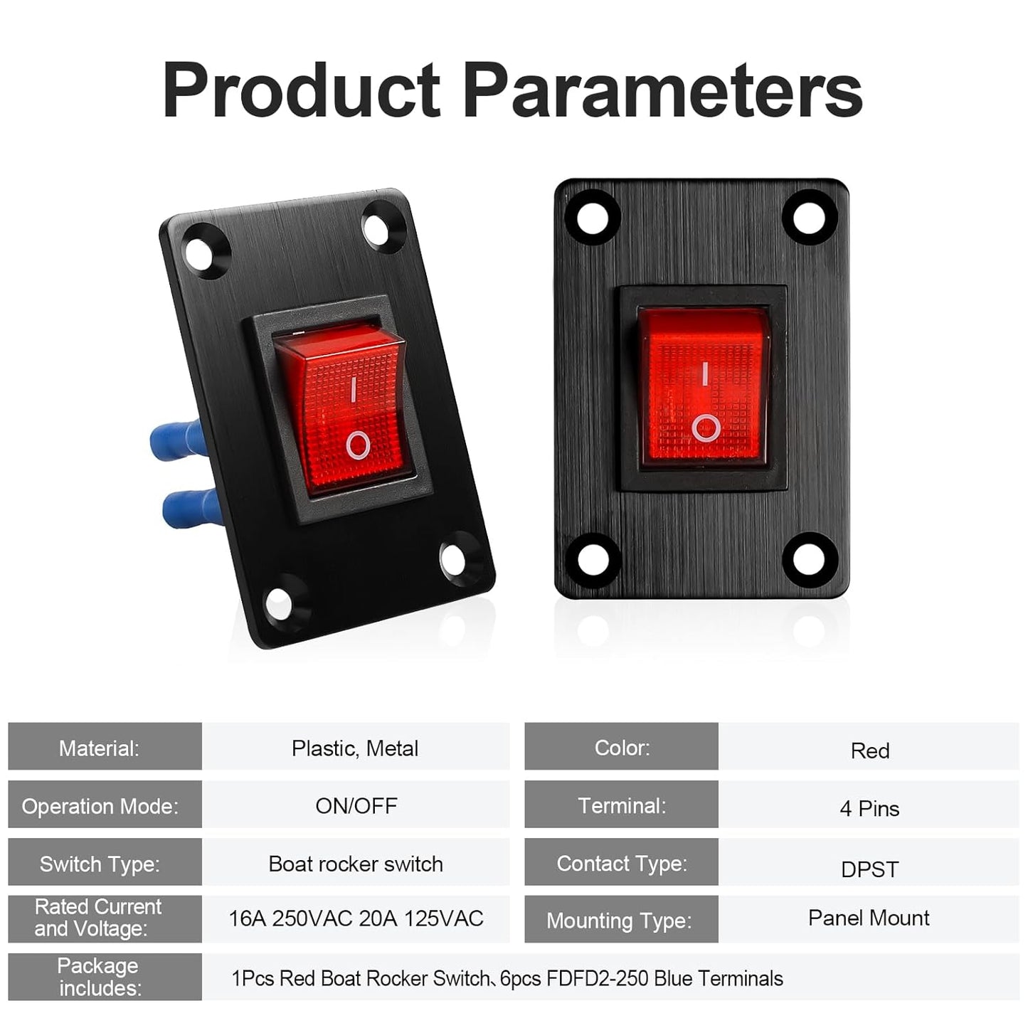 1Pcs Red LED KCD4 Boat Rocker Switch 2-Position 4-Pin DPST Panel Switch 16A 250VAC 20A 125VAC, with 6pcs FDFD2-250 Blue Terminals, CE