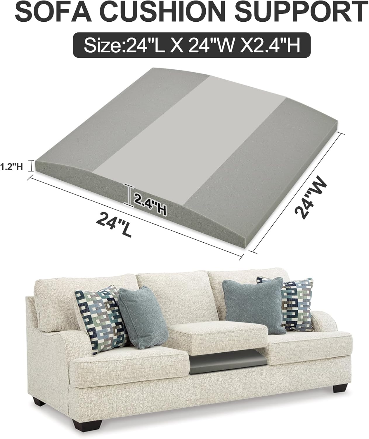 HAVARGO Couch Cushion Support High Density Foam 24X24X2.4 Inches Sofa Couch Supports for Sagging Cushions Light Grey 3Pc with Anti Slip Mesh Fabric