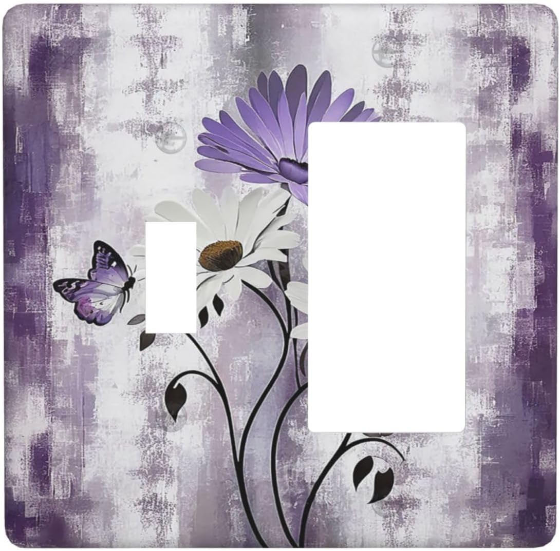 Purple Daisy White Floral Butterfly Flowers 2 Gang Combo 1 Toggle 1 Rcoker Light Switch Covers Decorative Switch Plates Electrical Switch Plates and Outlet Covers for Home Art Decor 4.5 X 4.5 IN
