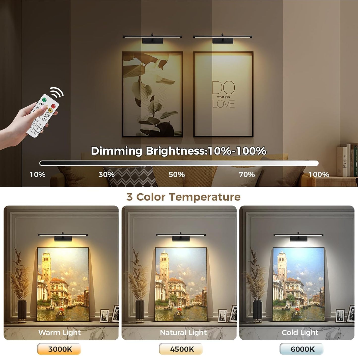 JOOSENLUX Battery Operated Picture Light Black 16-inch Wireless Art Display Light 3CCT Dimmable with Adjustable Arm Wall Light for Artwork Display Photo Showcases Canvases and Oil Paintings