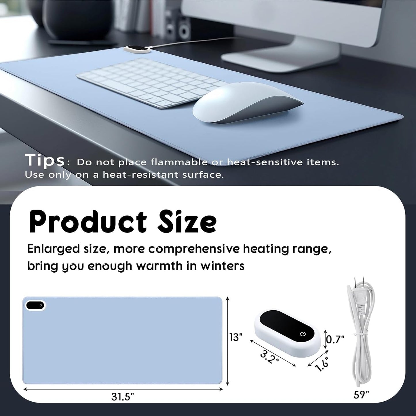 Konohan Heated Large Desk Mat PU Leather Warm Mouse Pad with 5 Heating Level & 4 Hour Auto Shut-Off Heating Keyboard Pad Warmer Gaming Mice Mat Only Supports 110v(Gray-Blue Color,31.5" X 13")