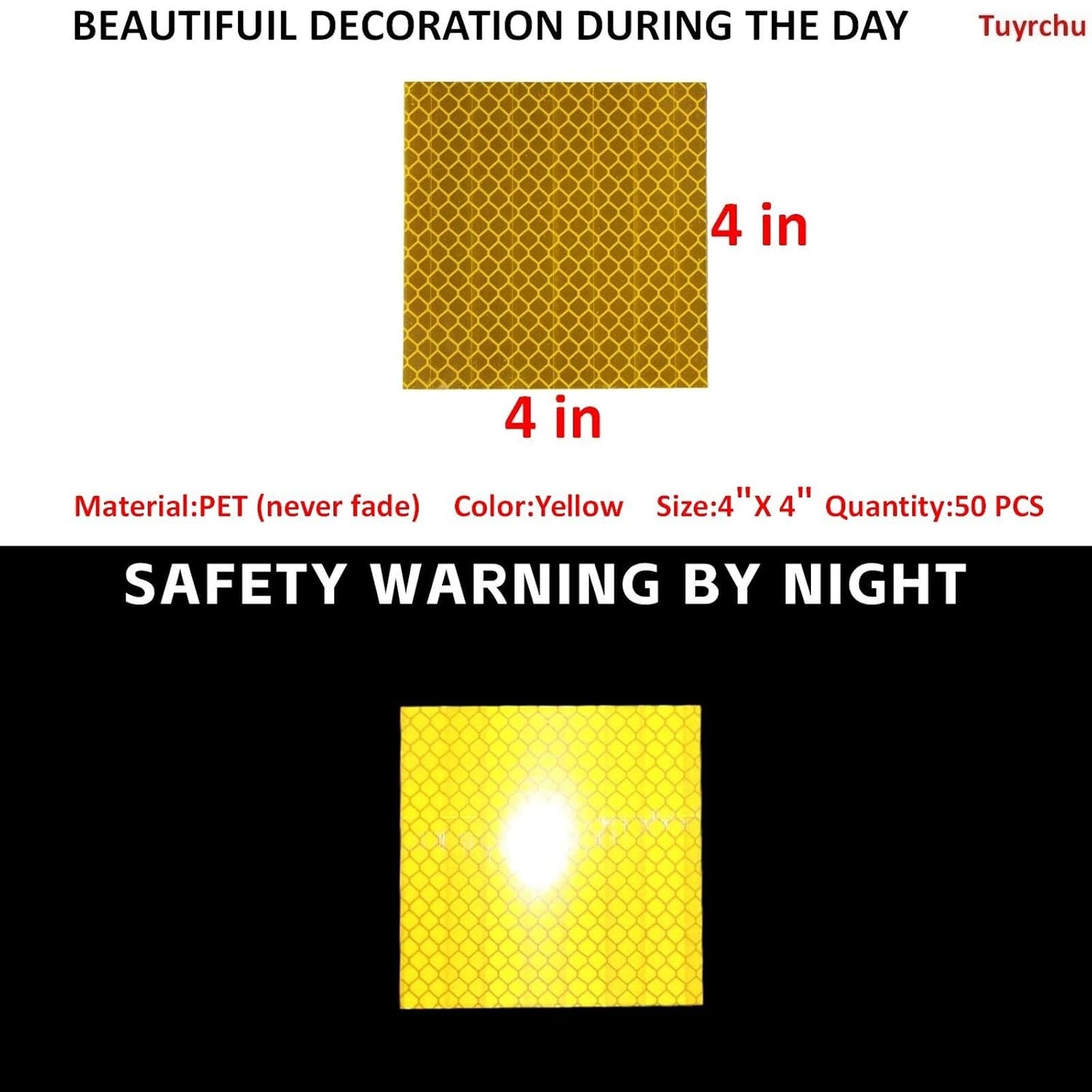 Non Fading Yellow Reflective Stickers 4 inch X 4 inch, Outdoor Waterproof High Visibility Warning Safety Adhesive Reflector Tape (50 Pcs)