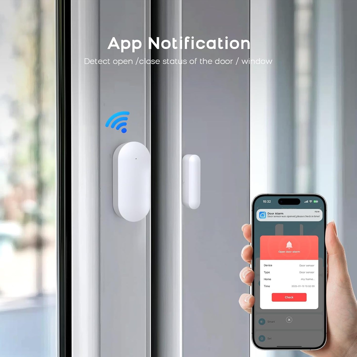 Door Alarm Window Sensors, Door Open Alarm Long Battery Life Wireless for Security Real-Time Notification WiFi Contact Sensor App Control No Monthly Fee, White (4-Pack)