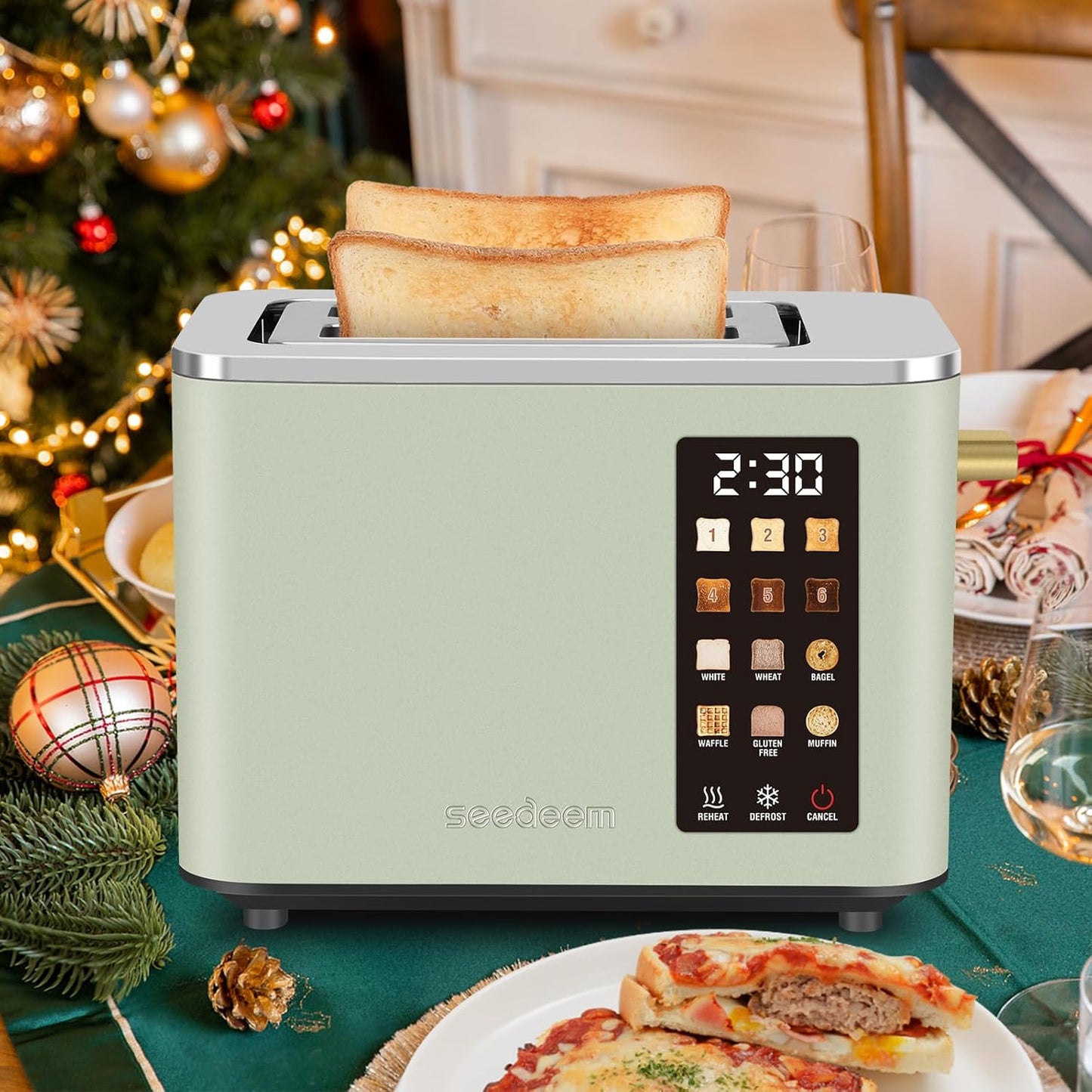 SEEDEEM Toaster 2 Slice, Touch Control Screen, Smart Stainless Toaster, 6 Shade Setting, 6 Bread Selection, Countdown, Removable Crumb Tray, 900W, Mint Green