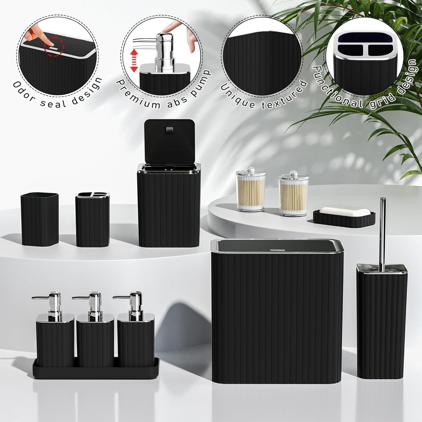 Bathroom Accessory Set - Bathroom Set, 27PC Bathroom Accessories Set, Black Bathroom Sets with Shower Curtain and Rugs, Mini Trash Can, Toilet Brush, Trash Can & Soap Dispenser